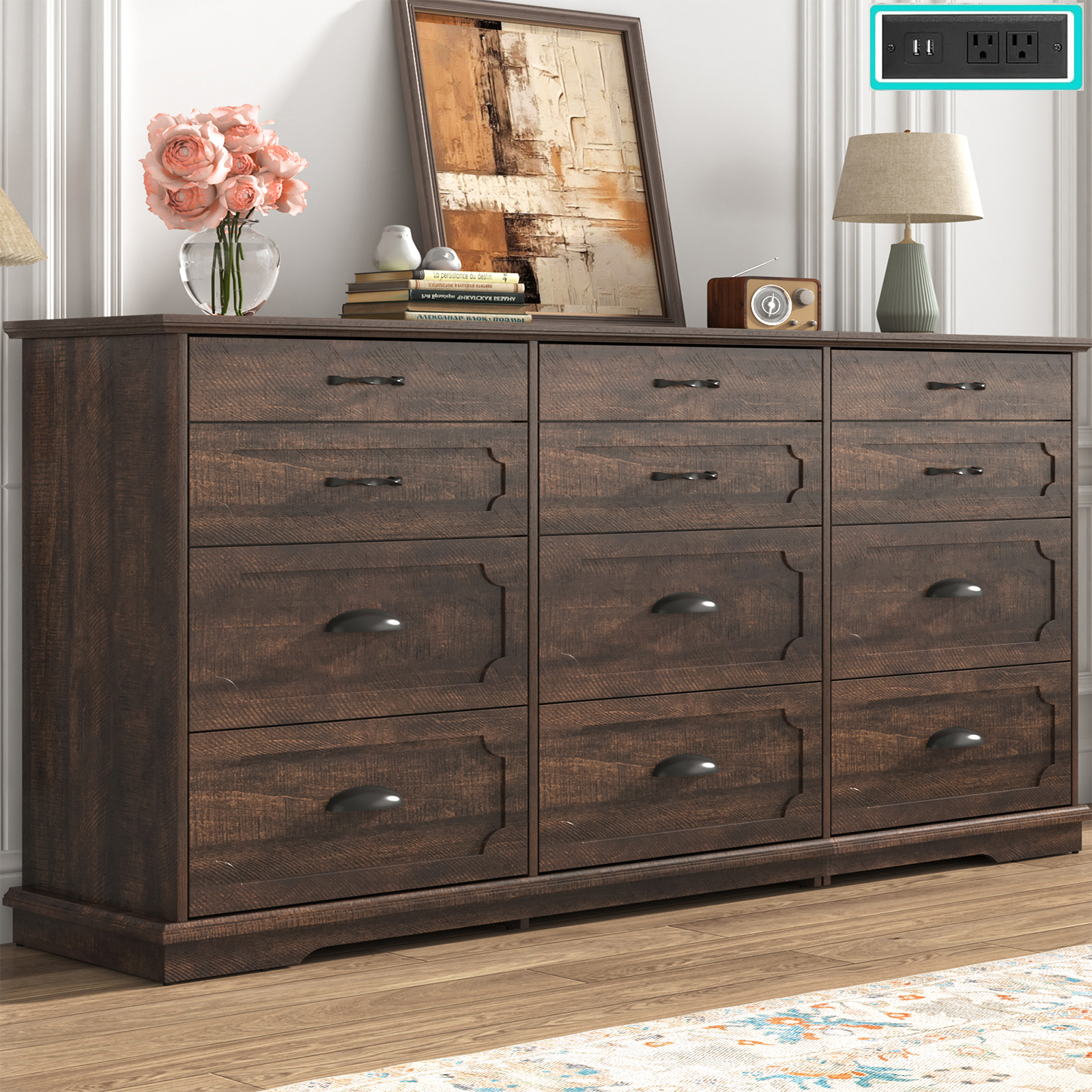 Blotout 70" Large Long Dresser with Deep Drawers, Farmhouse 12 Drawer Dresser for Bedroom, Wide Wood Chest of Drawers with Power Outlets
