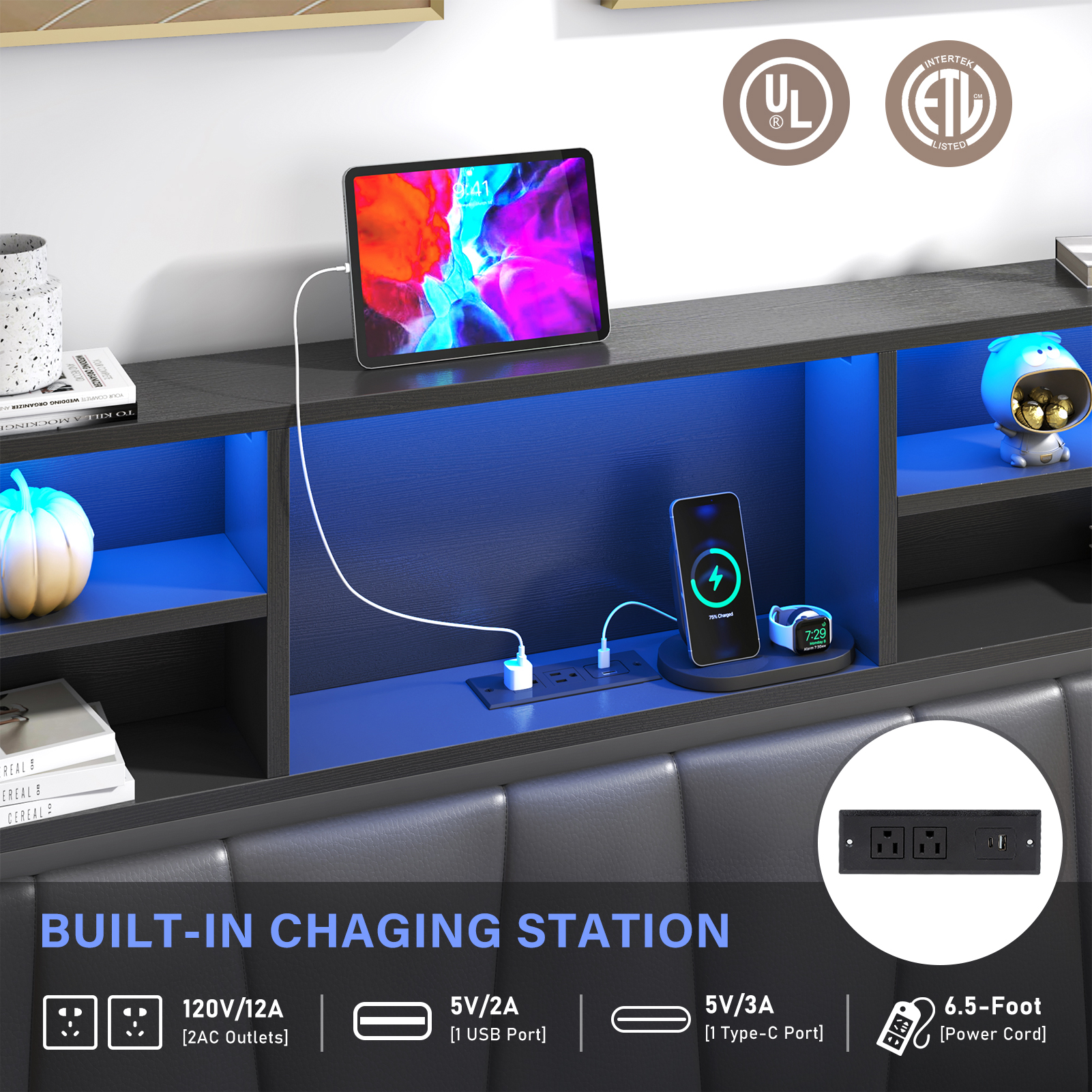 LED Bed Frame with High Storage Headboard & 4 Drawer & 6 Side Bookcase, Metal Upholstered Platform Bed with Power Outlets Leather Restback