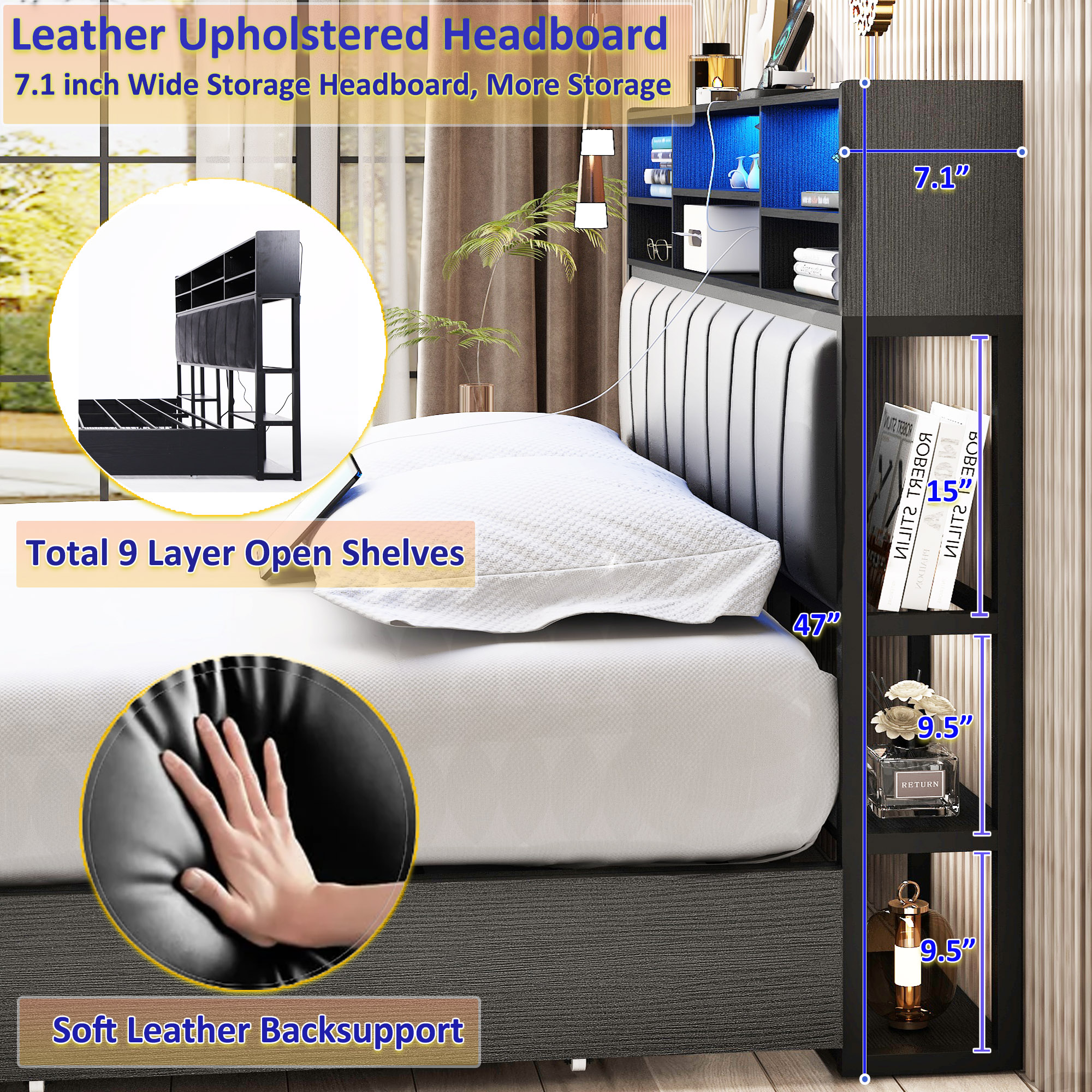 LED Bed Frame with High Storage Headboard & 4 Drawer & 6 Side Bookcase, Metal Upholstered Platform Bed with Power Outlets Leather Restback