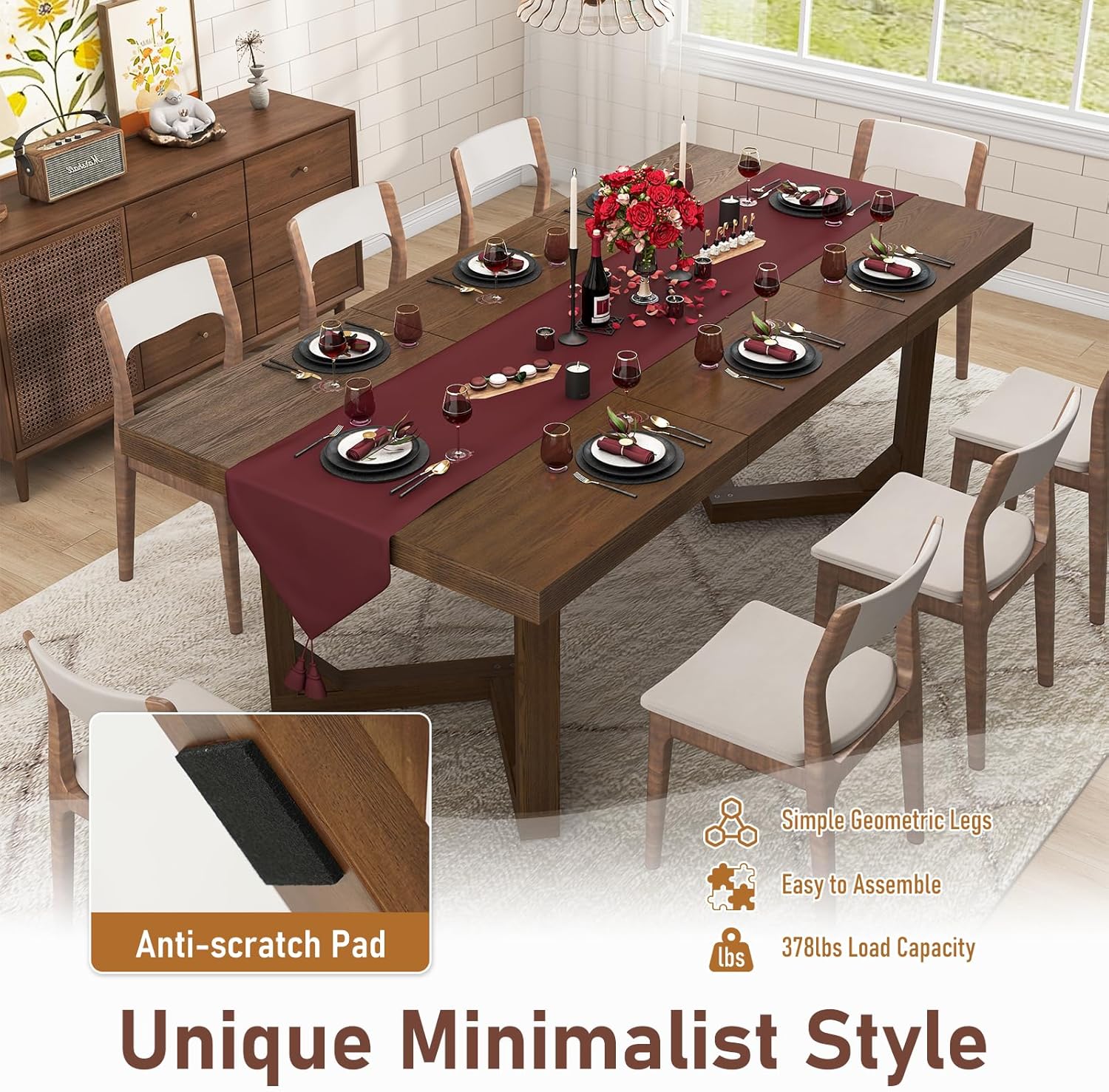 70 Inch Solid Wood Dining Table for 6-8 People