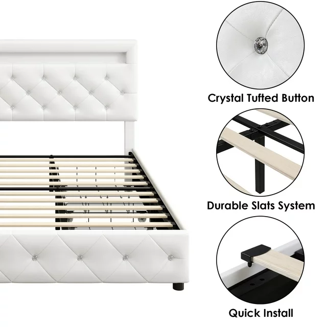 Faux Leather Upholstered LED Bed Frame with 4 Storage Drawers & USB Ports