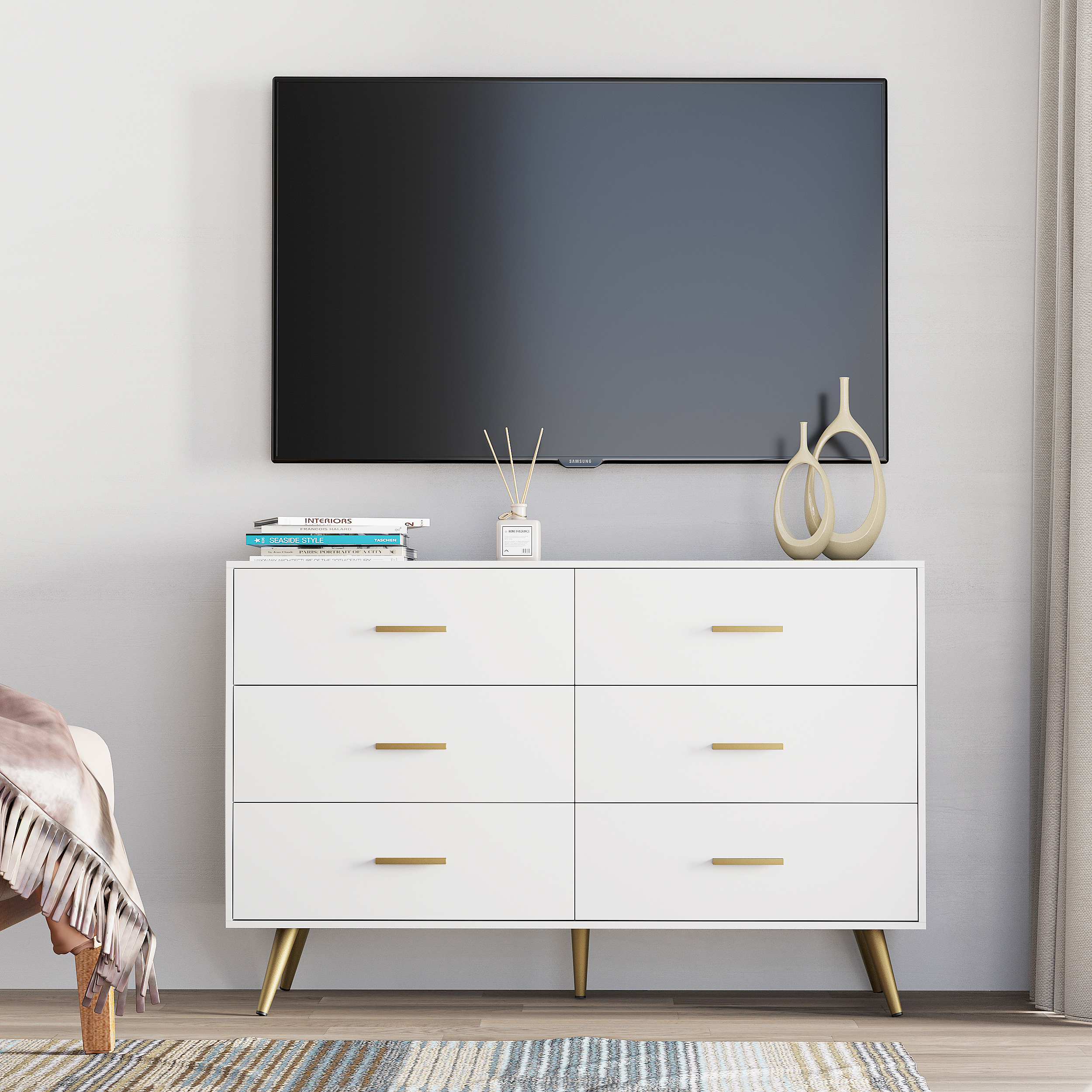 Drawer Dresser with Power Outlets, Wooden Dresser for Bedroom, Mid-Century Modern Closet Dresser for Living Room Hallway Entryway