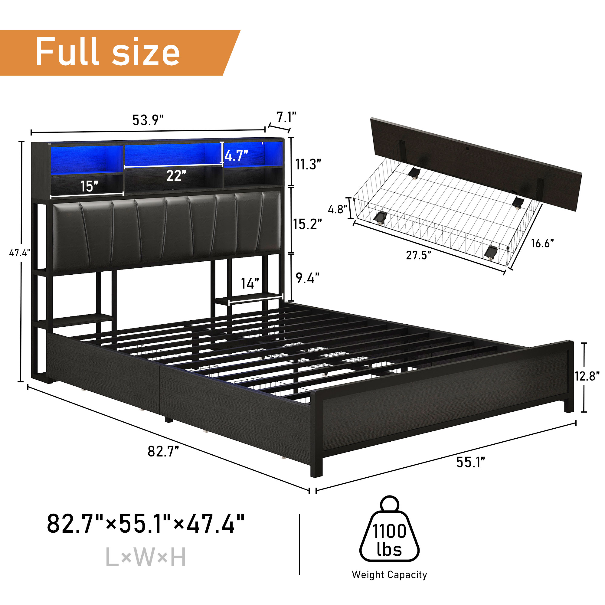 LED Bed Frame with High Storage Headboard & 4 Drawer & 6 Side Bookcase, Metal Upholstered Platform Bed with Power Outlets Leather Restback