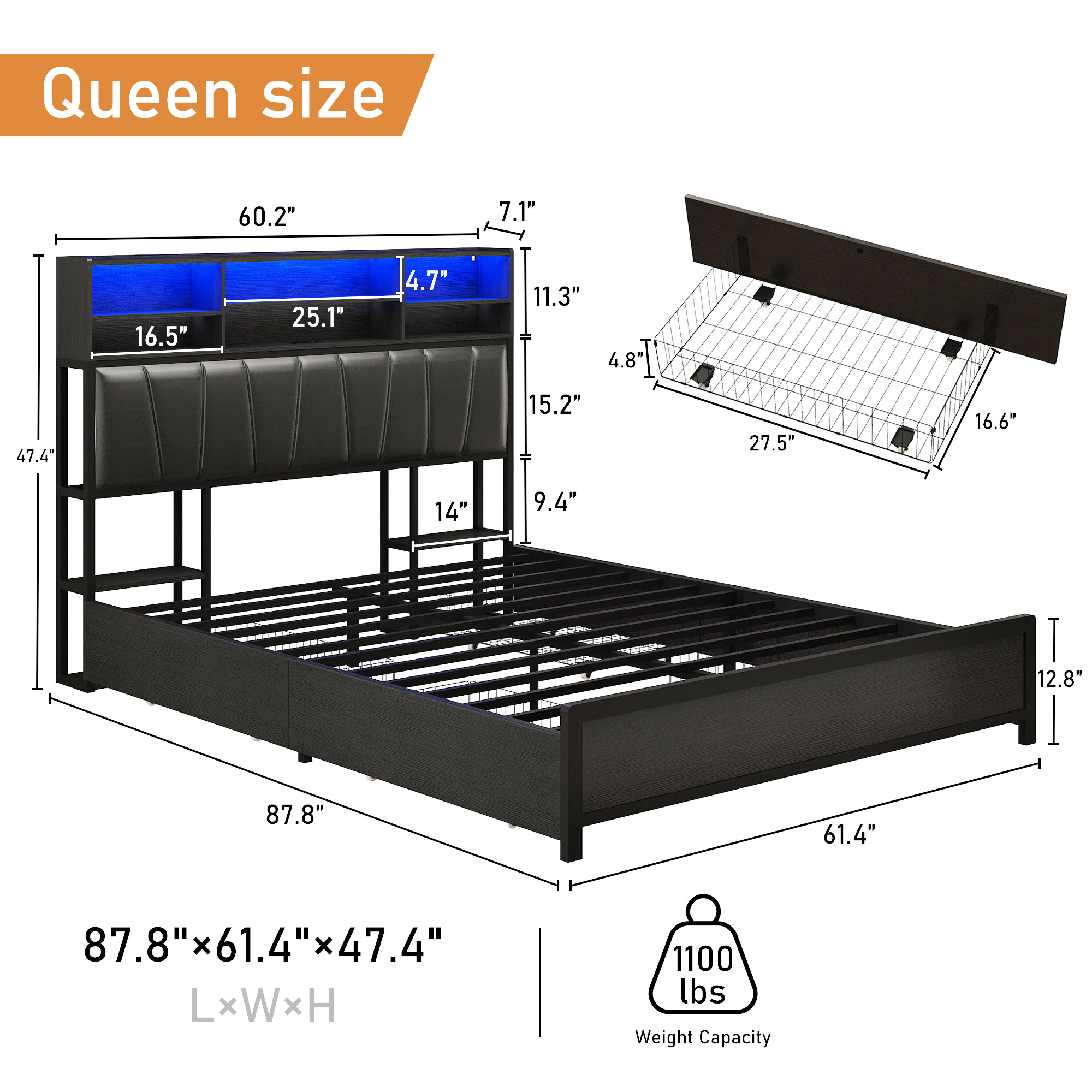 LED Bed Frame with High Storage Headboard & 4 Drawer & 6 Side Bookcase, Metal Upholstered Platform Bed with Power Outlets Leather Restback