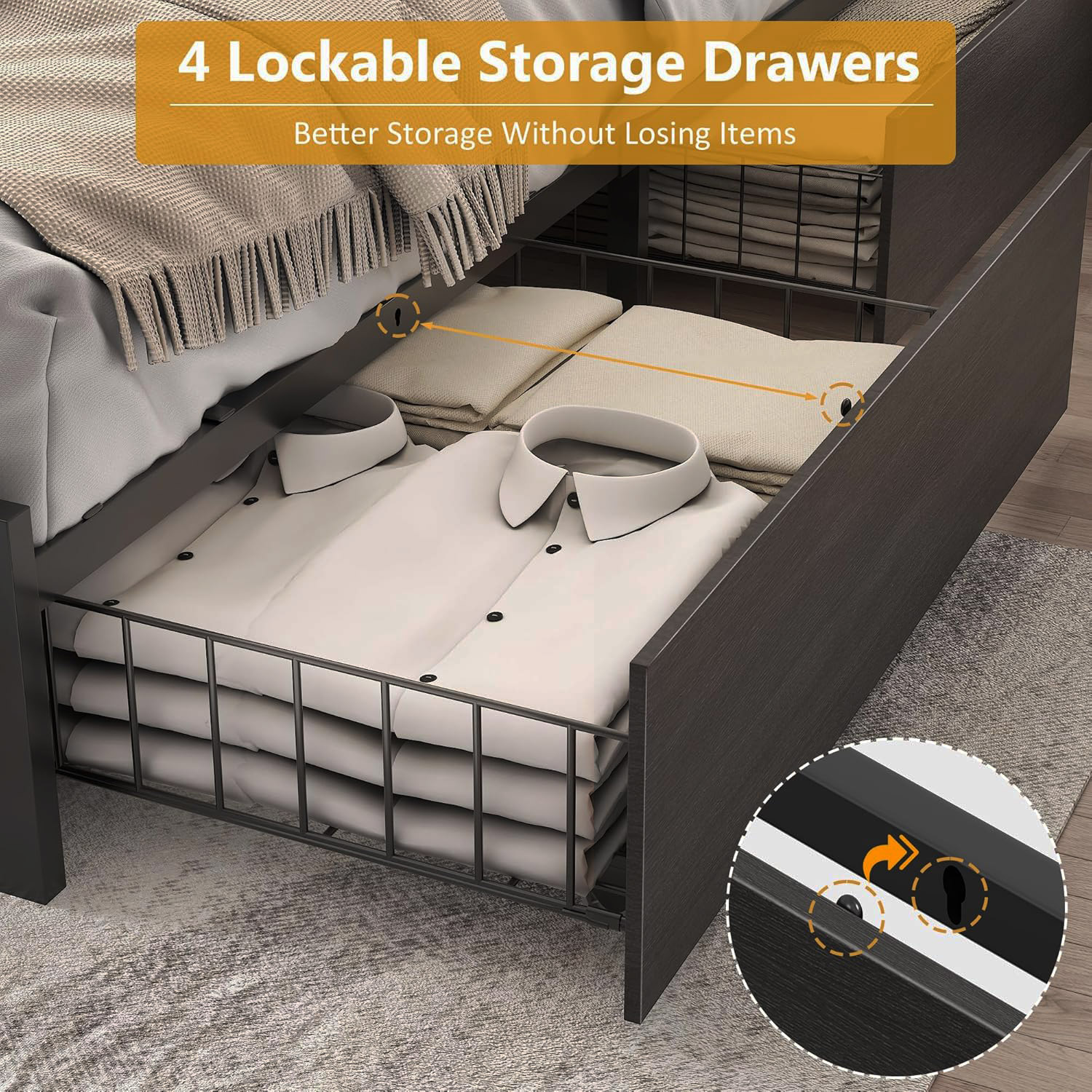 LED Bed Frame with High Storage Headboard & 4 Drawer & 6 Side Bookcase, Metal Upholstered Platform Bed with Power Outlets Leather Restback