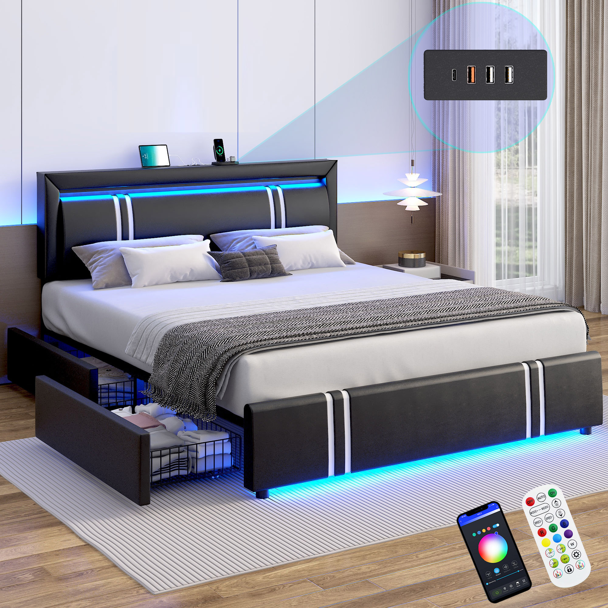 Faux Leather Bed Frame with 4 Drawers & USB Charging Station & LED Light Headboard Footboard