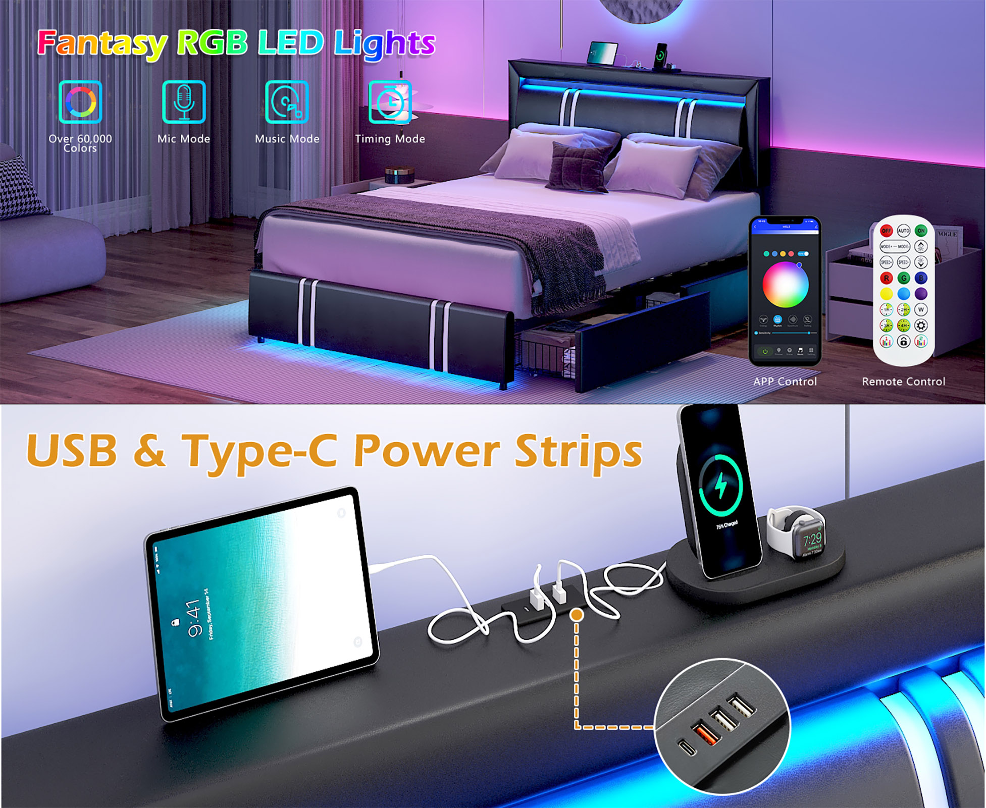 Faux Leather Bed Frame with 4 Drawers & USB Charging Station & LED Light Headboard Footboard