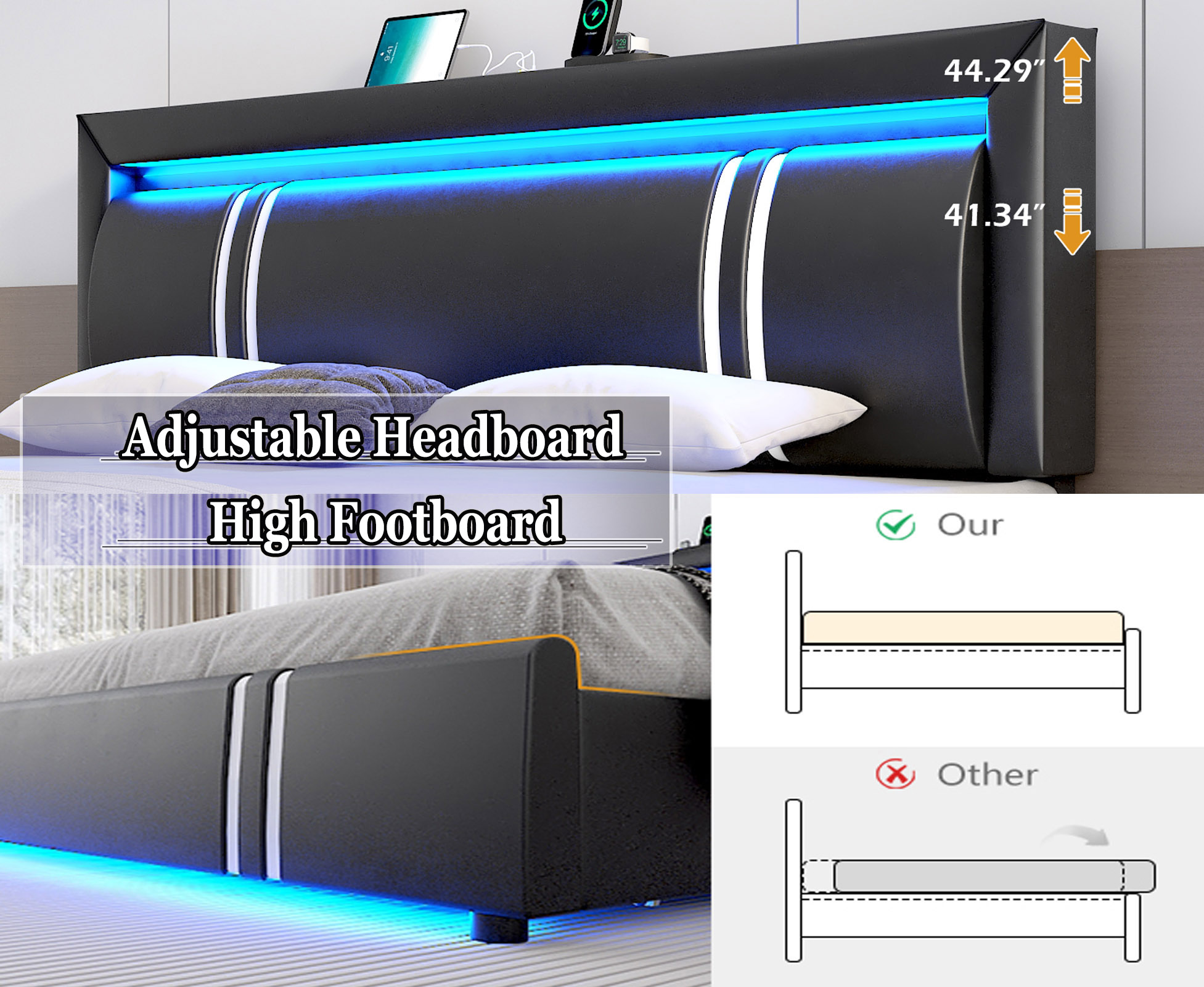 Faux Leather Bed Frame with 4 Drawers & USB Charging Station & LED Light Headboard Footboard