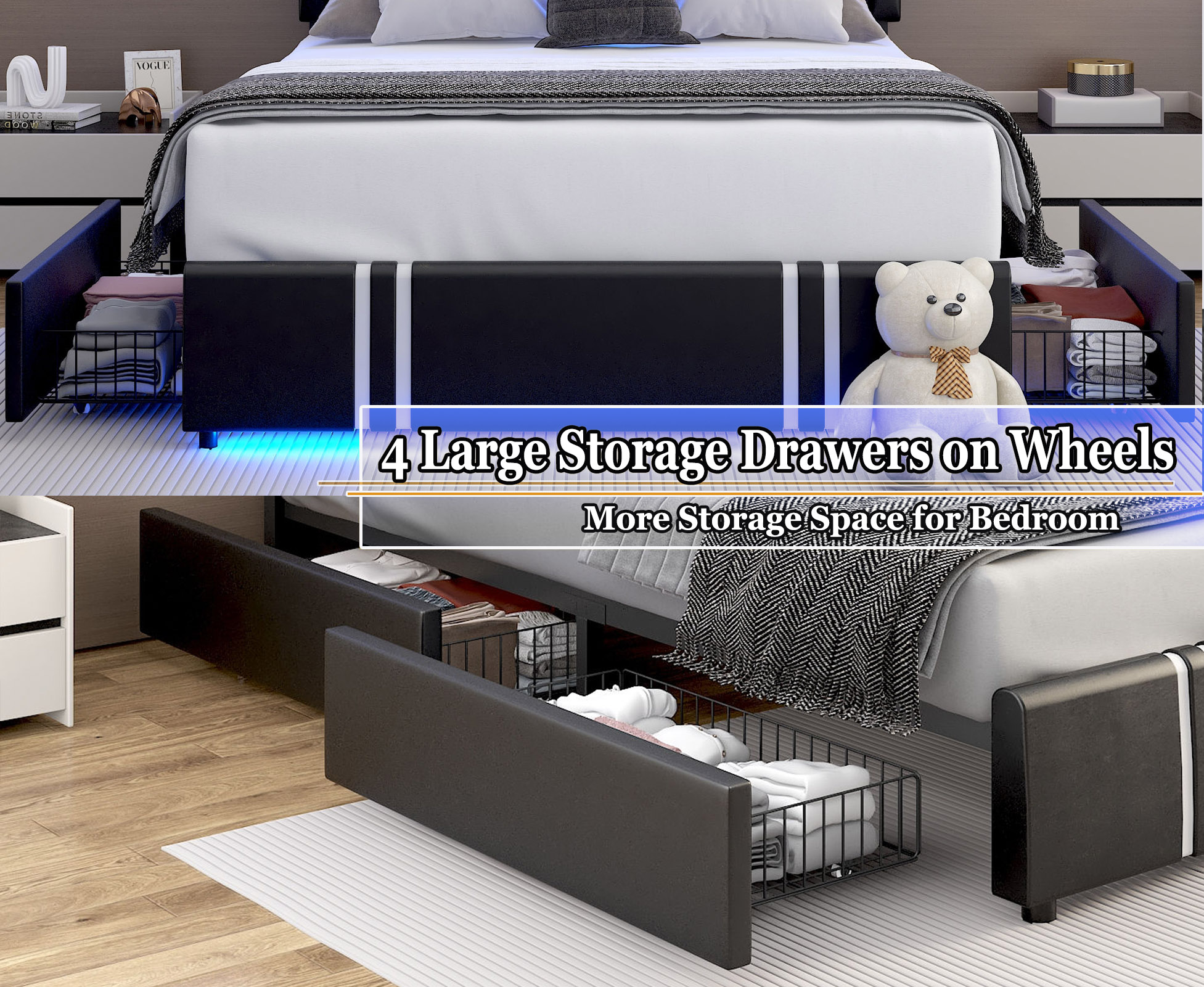 Faux Leather Bed Frame with 4 Drawers & USB Charging Station & LED Light Headboard Footboard