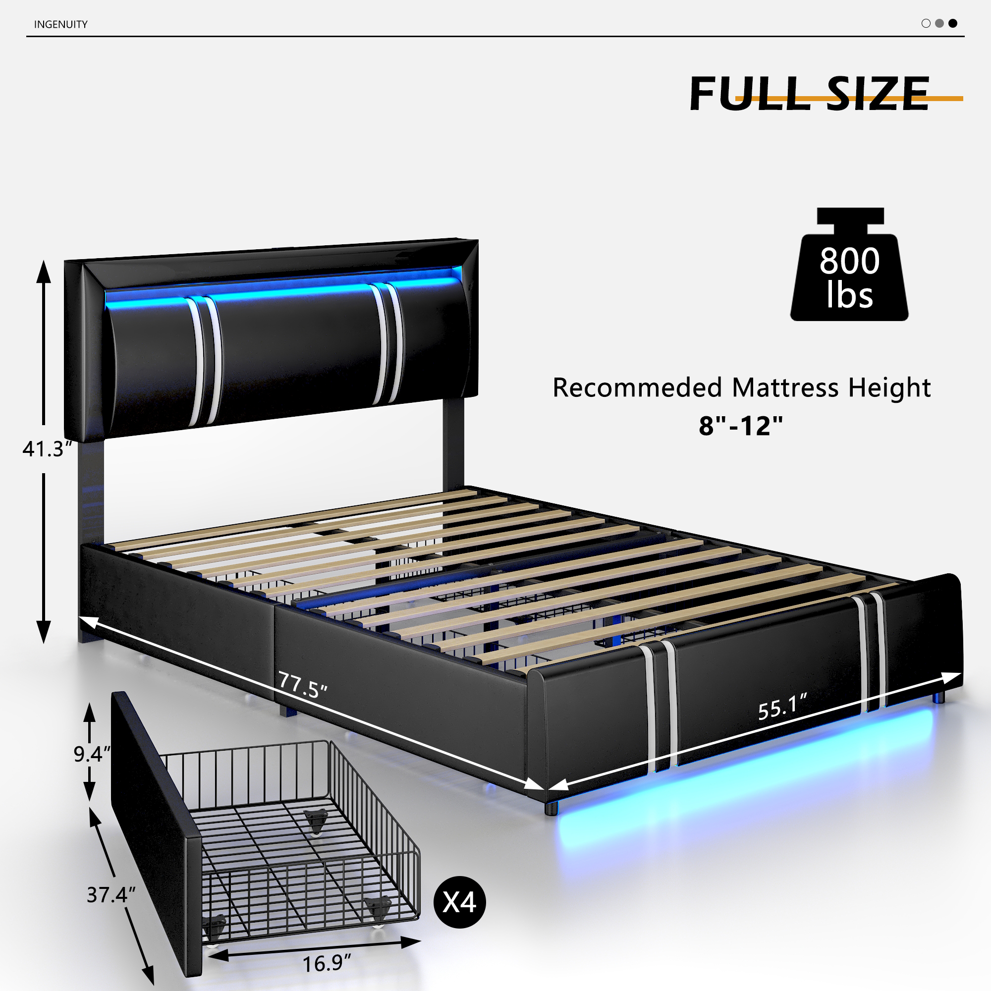 Faux Leather Bed Frame with 4 Drawers & USB Charging Station & LED Light Headboard Footboard
