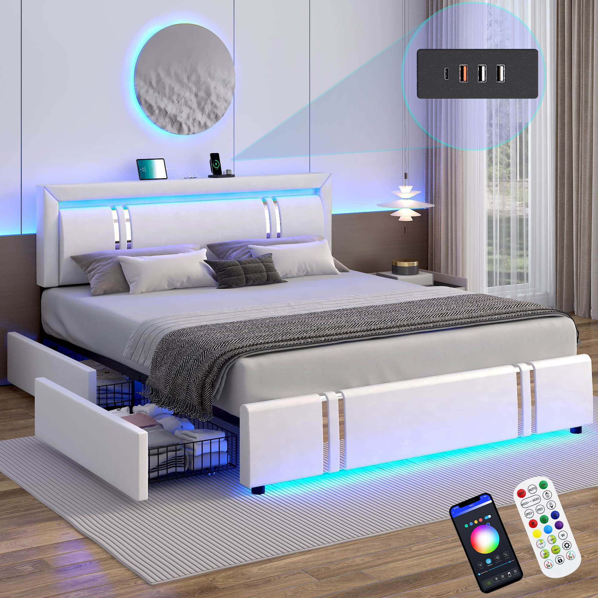Faux Leather Bed Frame with 4 Drawers & USB Charging Station & LED Light Headboard Footboard