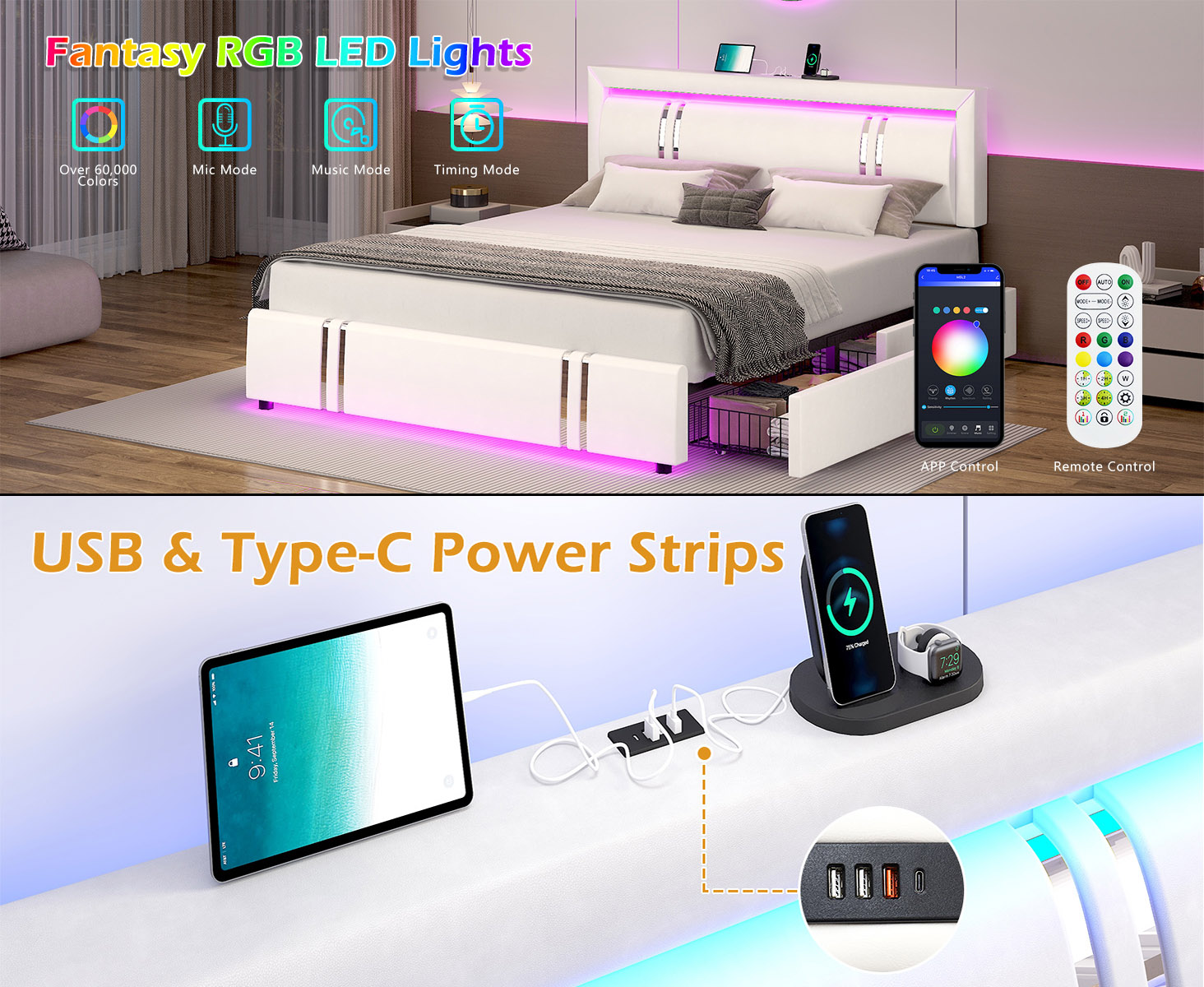 Faux Leather Bed Frame with 4 Drawers & USB Charging Station & LED Light Headboard Footboard