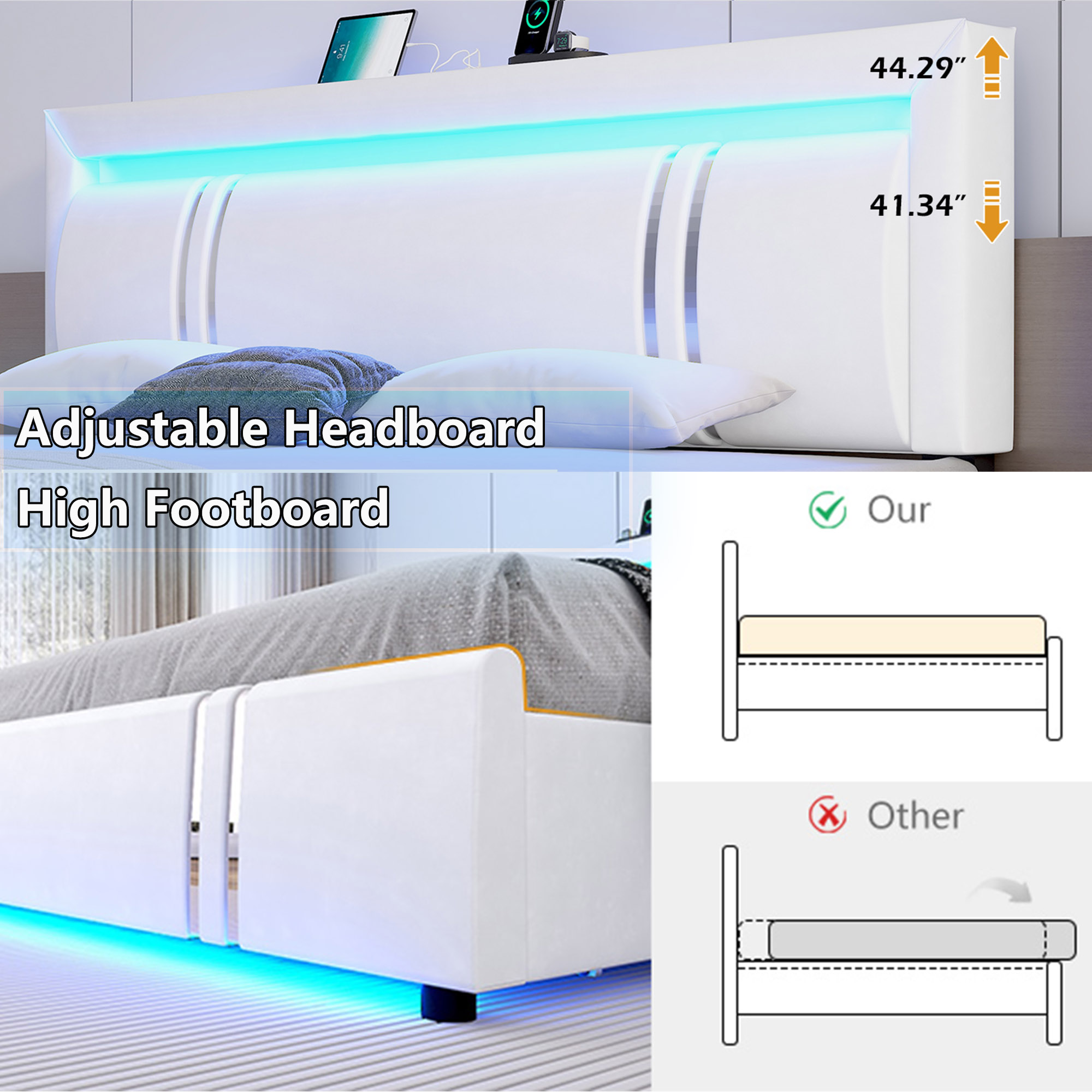 Faux Leather Bed Frame with 4 Drawers & USB Charging Station & LED Light Headboard Footboard