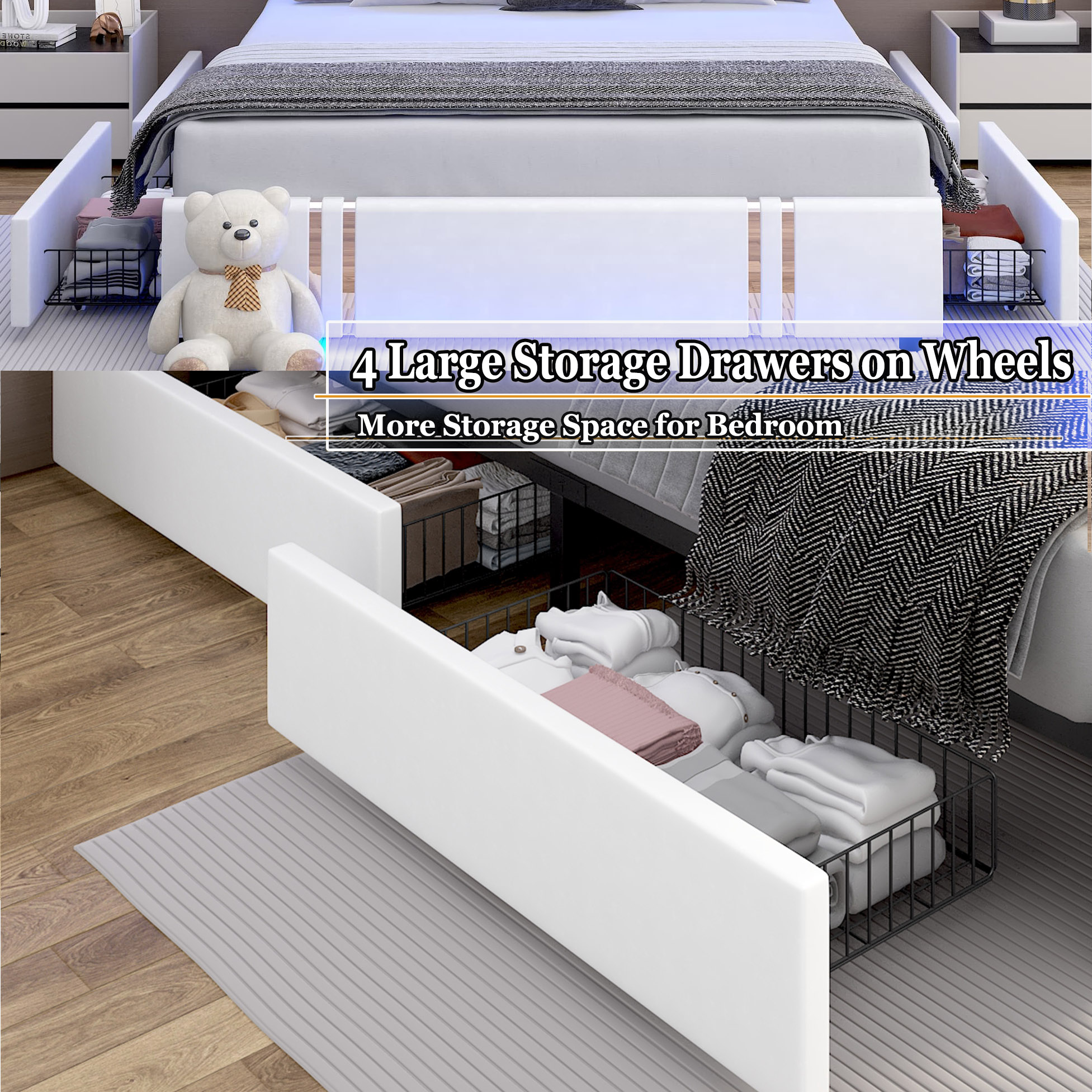 Faux Leather Bed Frame with 4 Drawers & USB Charging Station & LED Light Headboard Footboard