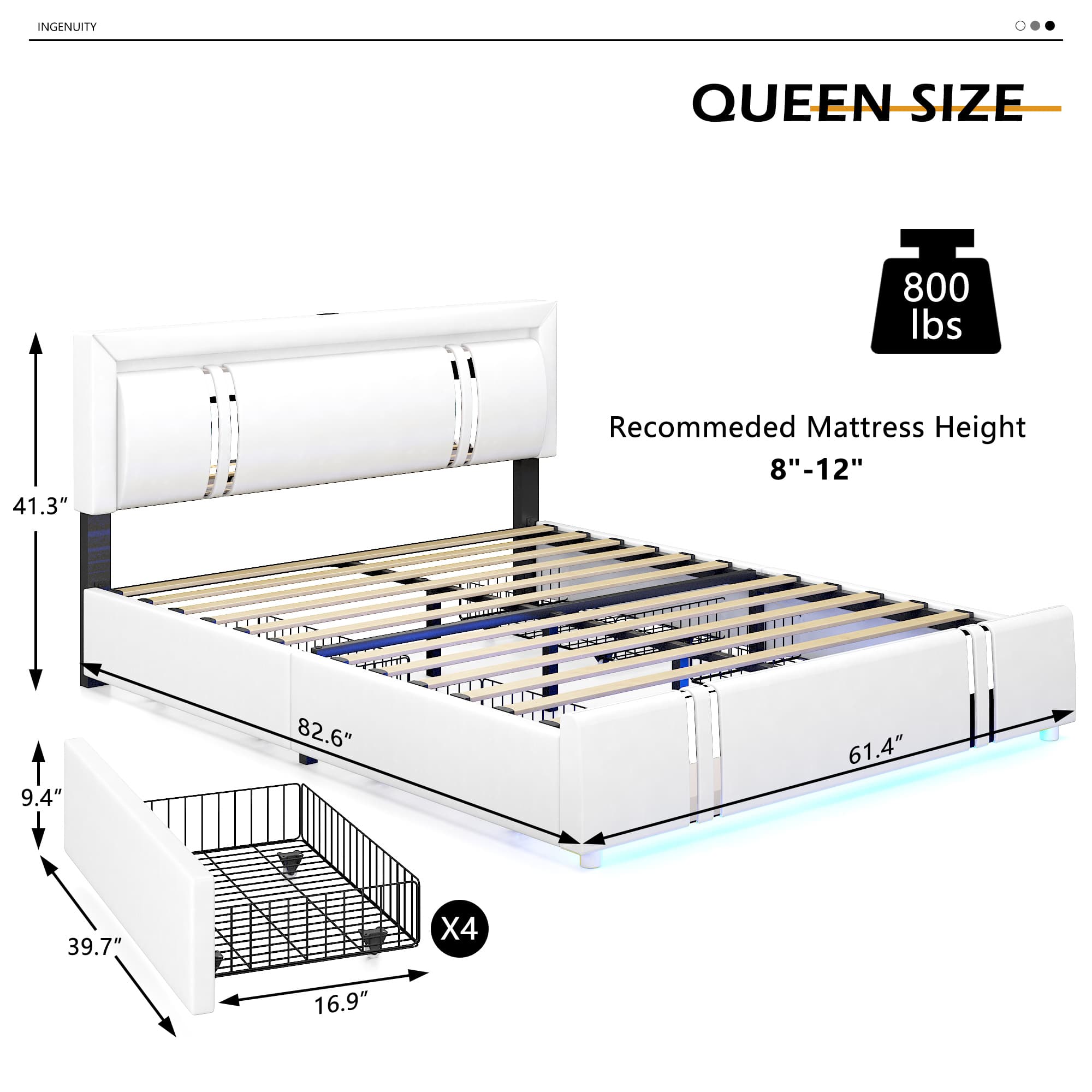 Faux Leather Bed Frame with 4 Drawers & USB Charging Station & LED Light Headboard Footboard