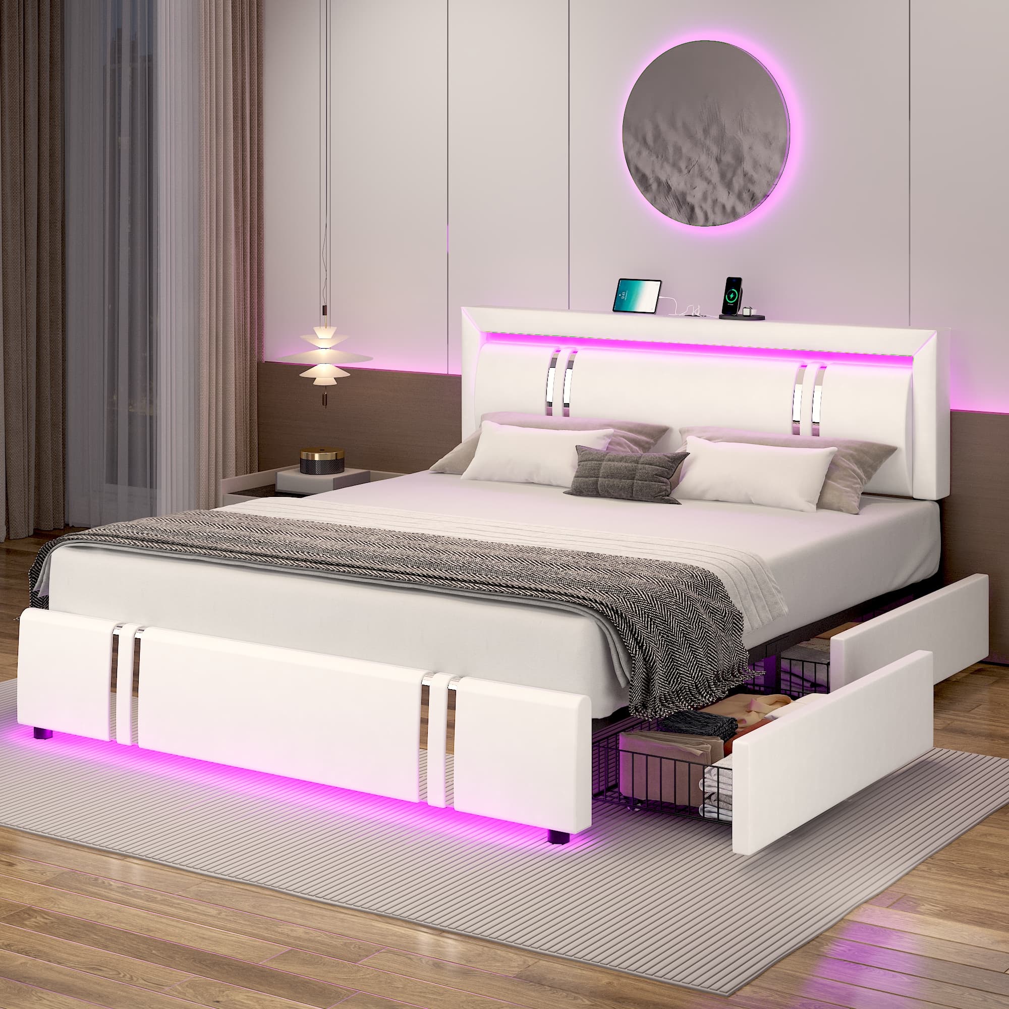 Faux Leather Bed Frame with 4 Drawers & USB Charging Station & LED Light Headboard Footboard