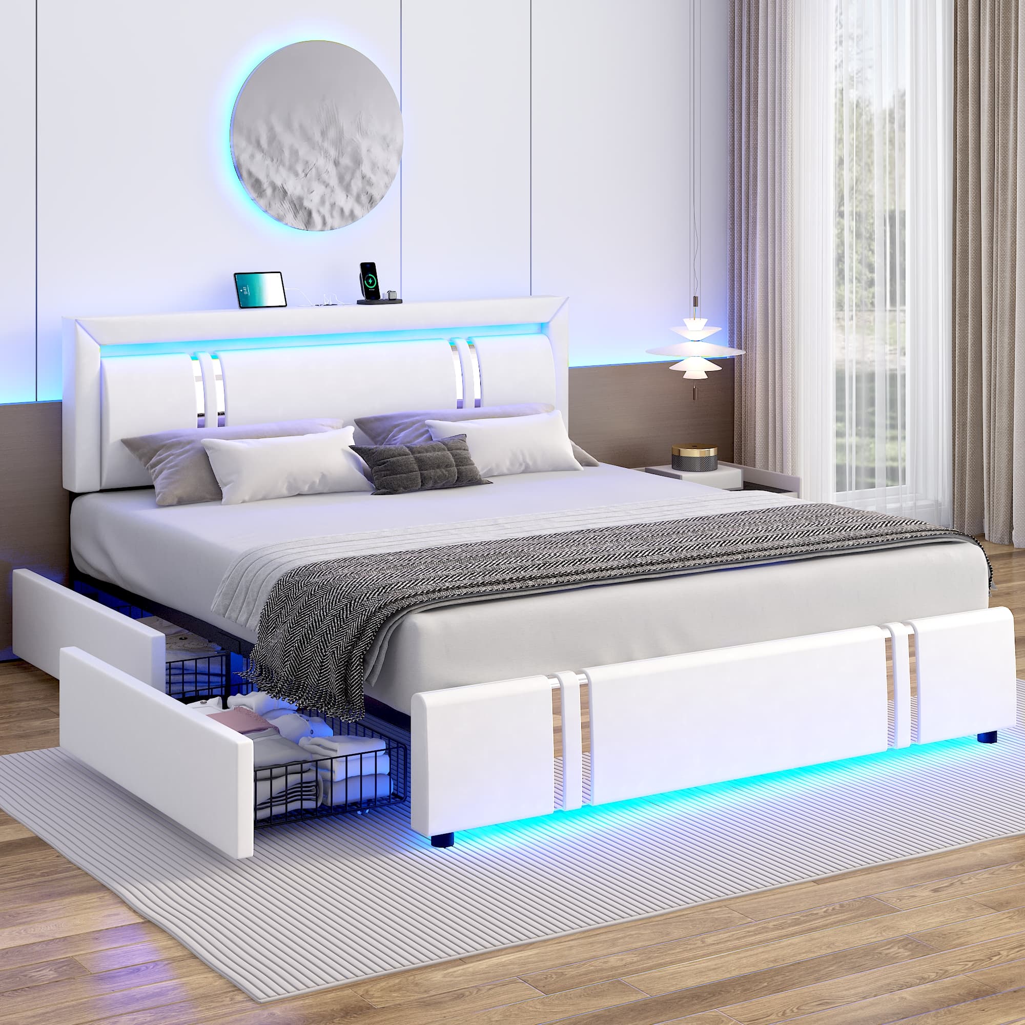 Faux Leather Bed Frame with 4 Drawers & USB Charging Station & LED Light Headboard Footboard