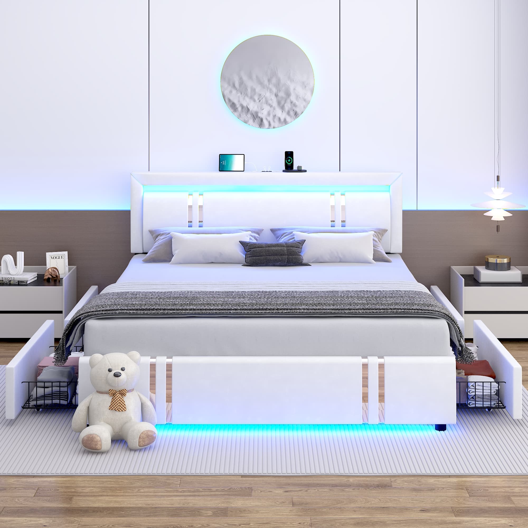 Faux Leather Bed Frame with 4 Drawers & USB Charging Station & LED Light Headboard Footboard