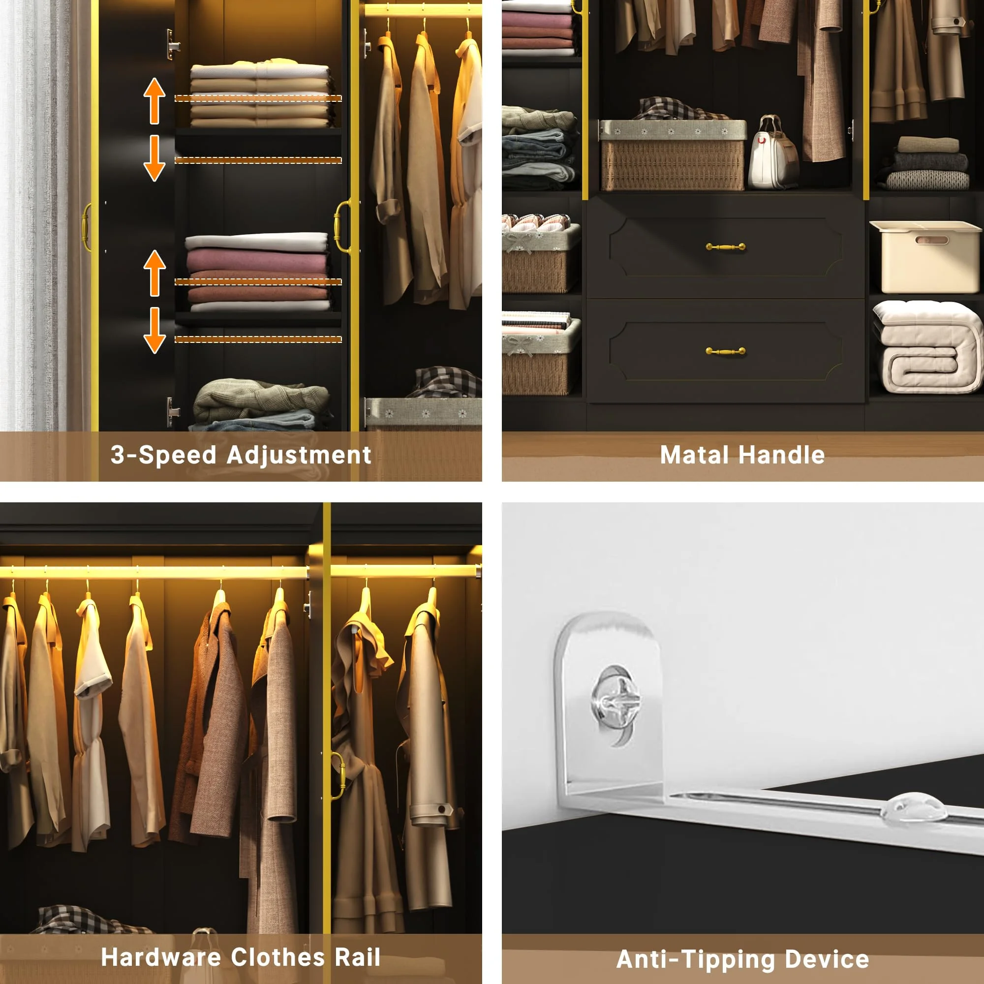 75"H 3 Doors Armoire Wardrobe Closet with Mirror and LED Lights, LED Clothing Storage Cabinet with Hanging Rod and Drawers, Modern Wooden Wardrobe Cabinet for Bedroom