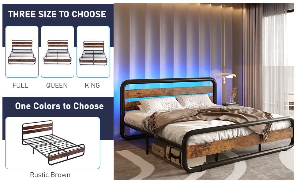 LED Full Size Bed Frame with Wood Headboard&Footboard,Heavy Duty Metal Bed Frame with LED Lights&Under-Bed Storage,Noise Free,No Box Spring Needed