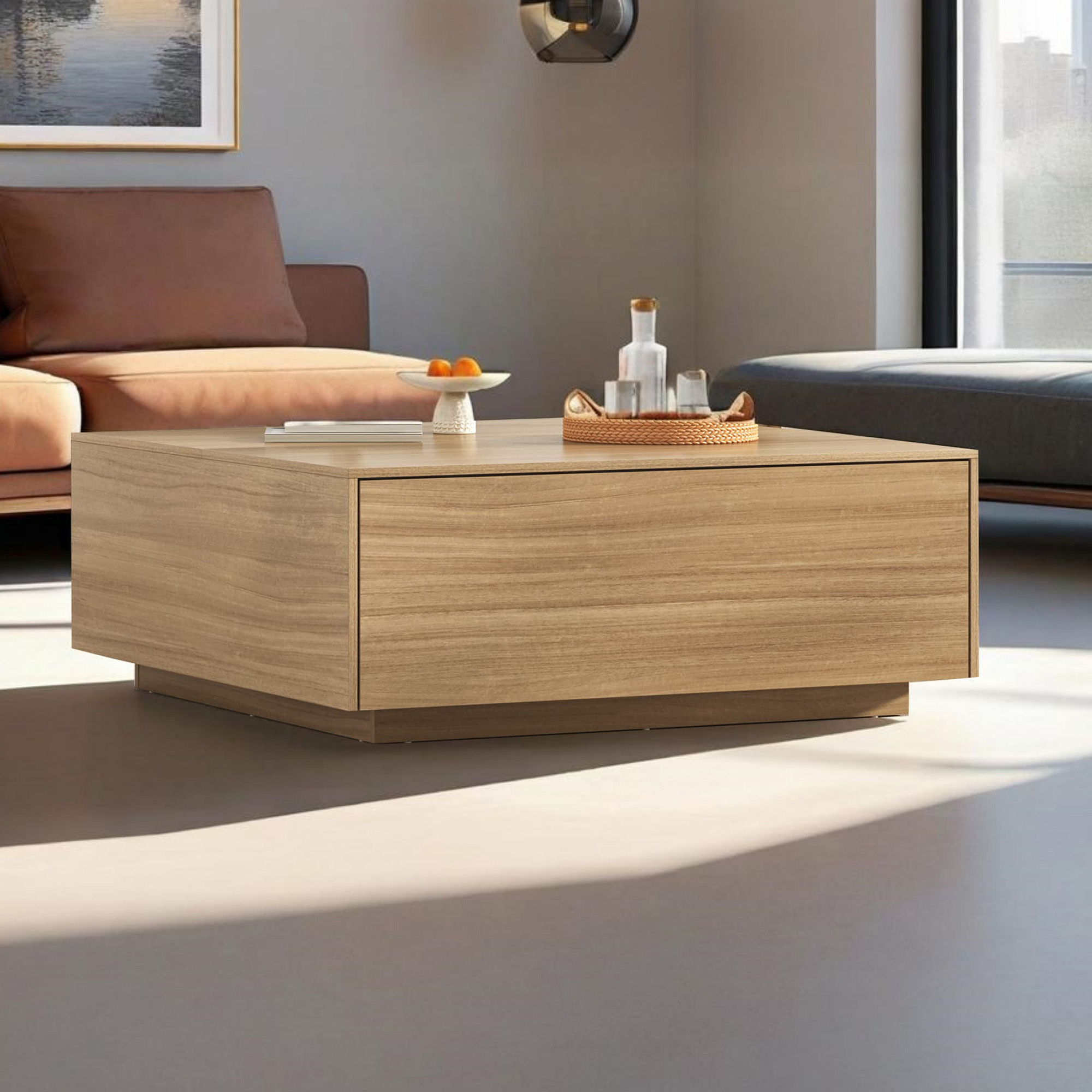 Blotout Square Coffee Table with 2 Large Drawers, 43/47 INCH