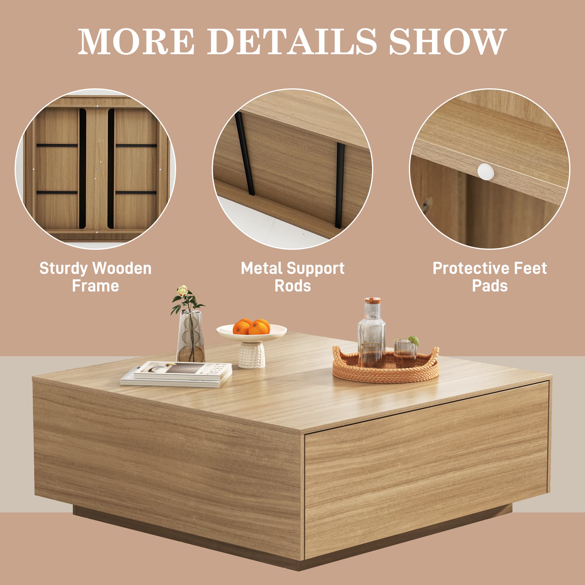 Blotout Square Coffee Table with 2 Large Drawers, 43/47 INCH