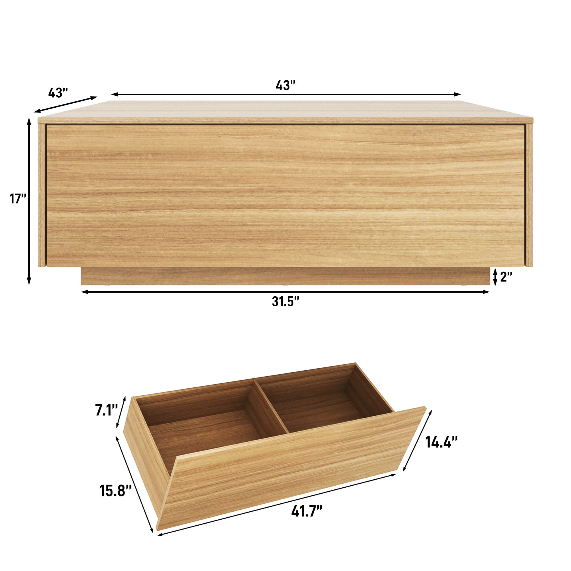 Blotout Square Coffee Table with 2 Large Drawers, 43/47 INCH