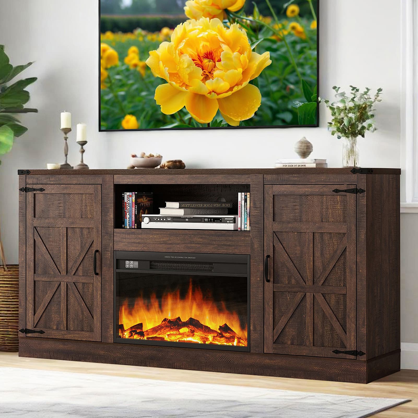Blotout 66" Fireplace TV Stand for TVs up to 65" 75" with 23" Electric Fireplace, Farmhouse Entertainment Center with Power Outlets