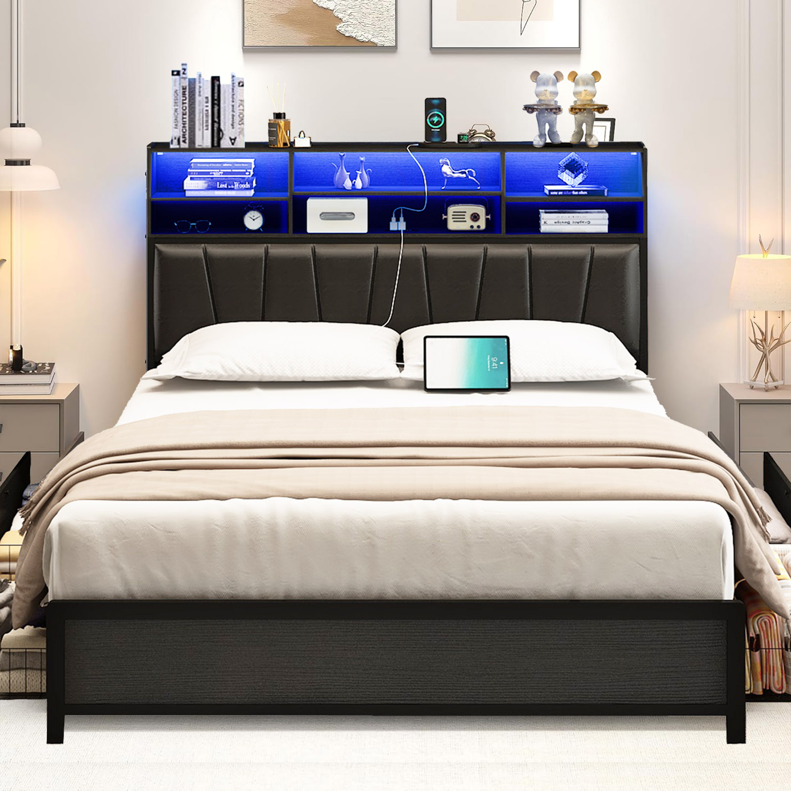 LED Bed Frame with High Storage Headboard & 4 Drawer & 6 Side Bookcase, Metal Upholstered Platform Bed with Power Outlets Leather Restback