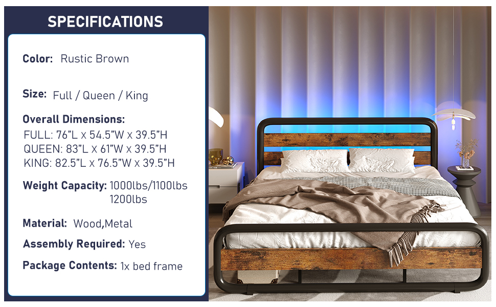 LED Full Size Bed Frame with Wood Headboard&Footboard,Heavy Duty Metal Bed Frame with LED Lights&Under-Bed Storage,Noise Free,No Box Spring Needed