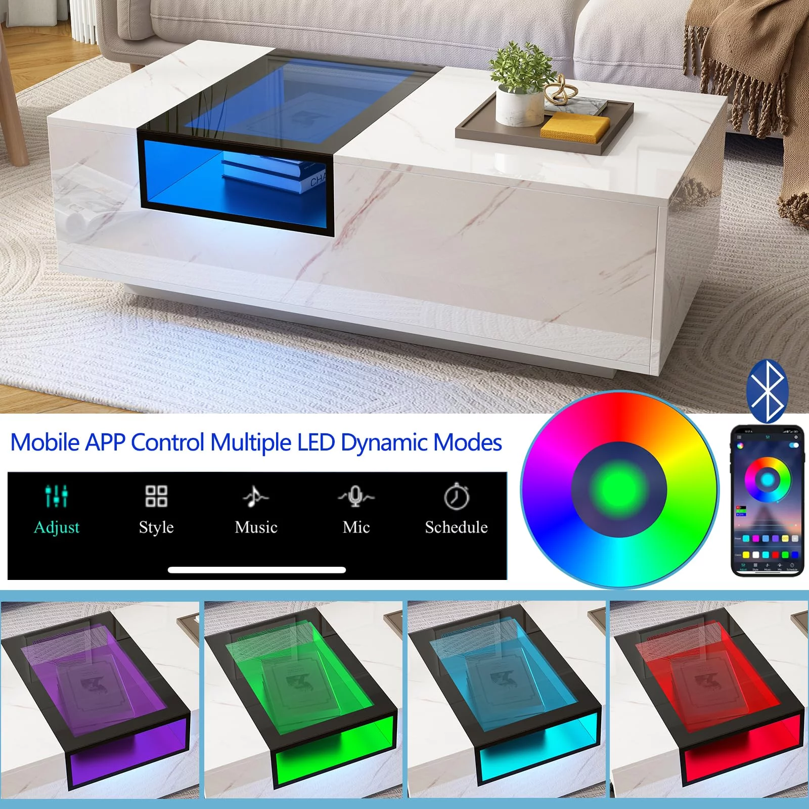 Hlivelood 47.3"Large LED Coffee Table with Storage, White High Gloss Modern Coffee Table with Large Capacity Drawer & Glass shelf, LED Coffee Table for Living Room