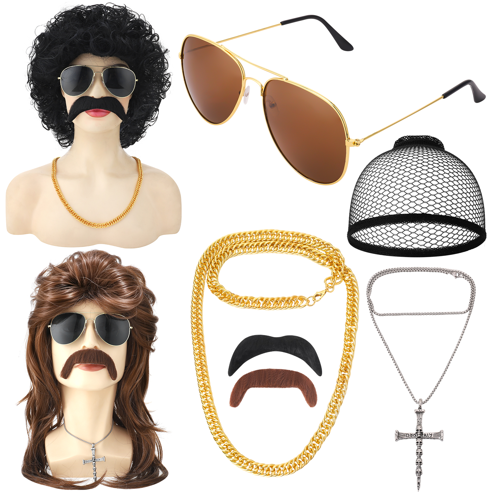sixwipe 8 Pack 70s 80s Mullet Wigs Set for Men, Disco Wigs with Mustache Glasses and Chain, Kinky Curly/Straight Wigs, Funny Costume Wigs for Rocker Hippies Halloween Cosplay Party