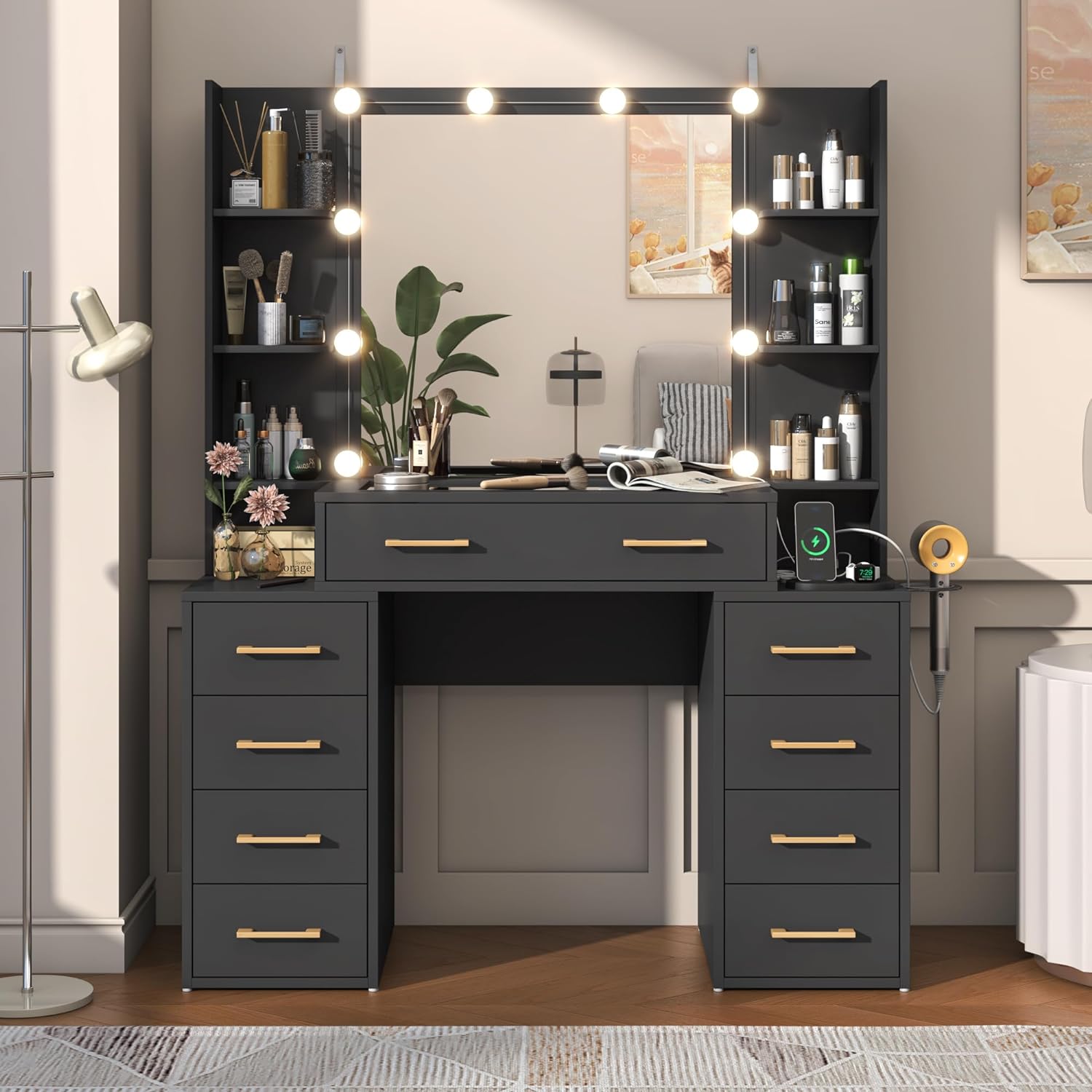 Black Vanity Desk with Mirror and Lights, Large Vanity Table Makeup Desk with Charging Station 9 Drawers and 6 Shelves, Lots Storage Shelves(Black)
