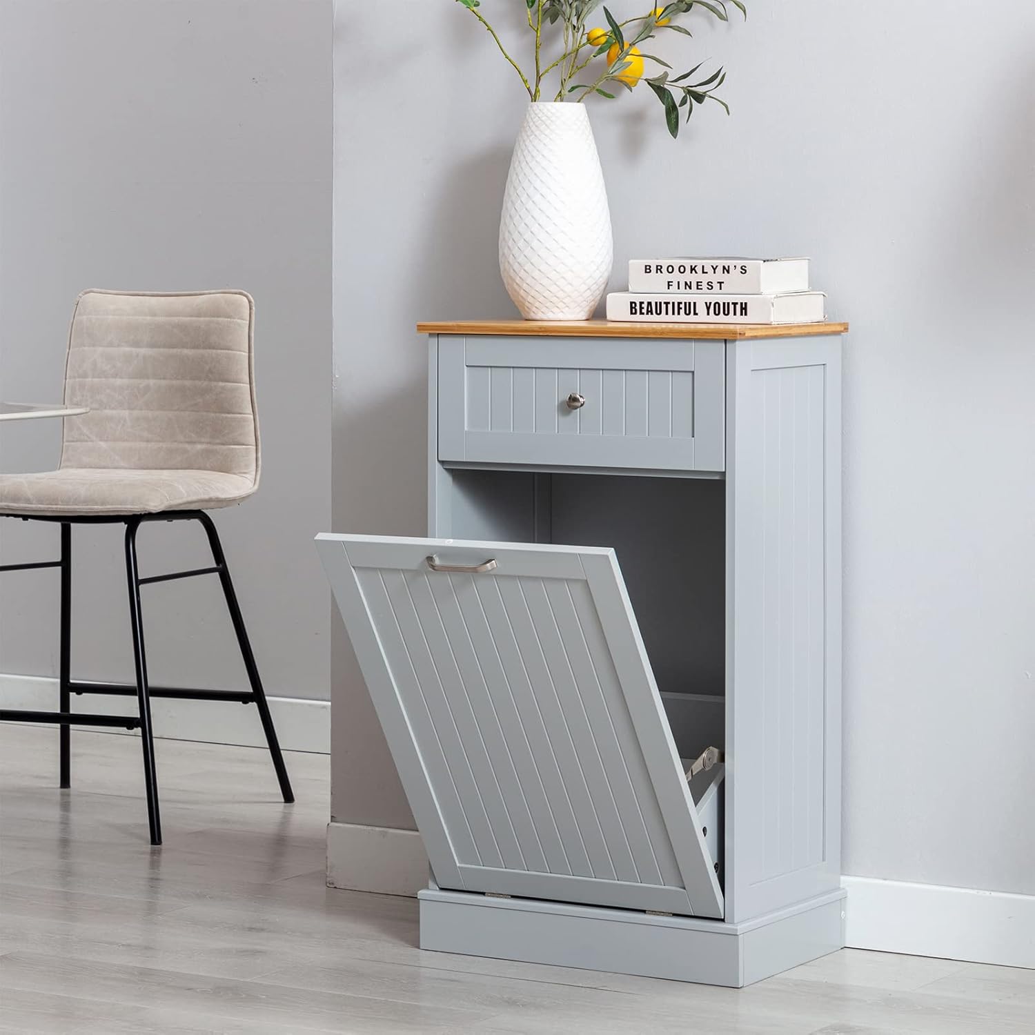 Hlivelood Double Trash Cabinet Tilt Out 20 Gallon, Pet Proof Kitchen Trash Cabinet Laundry Hamper with Cutting Board, Wood Garbage Recycling Station Hideaway Trash Holder Drawers