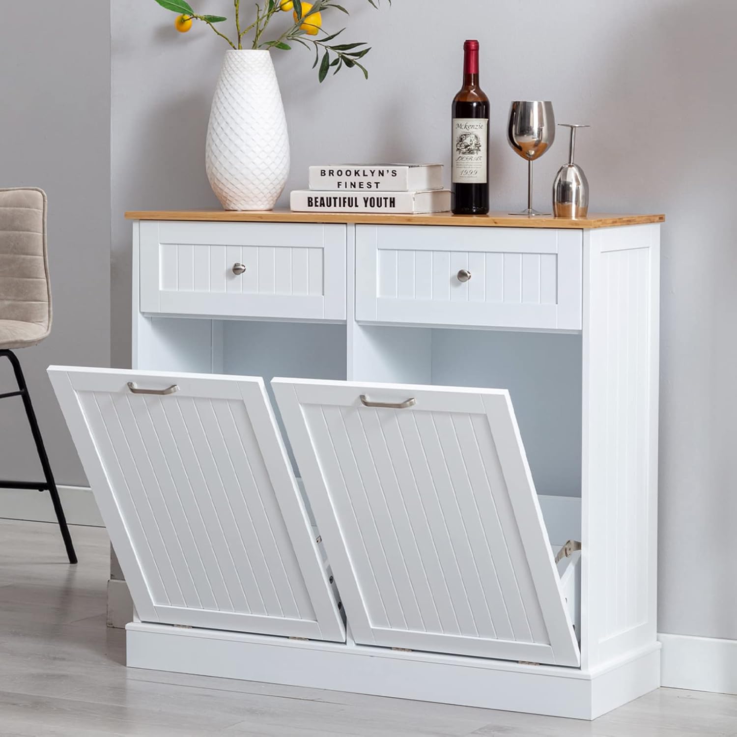 Hlivelood Double Trash Cabinet Tilt Out 20 Gallon, Pet Proof Kitchen Trash Cabinet Laundry Hamper with Cutting Board, Wood Garbage Recycling Station Hideaway Trash Holder Drawers