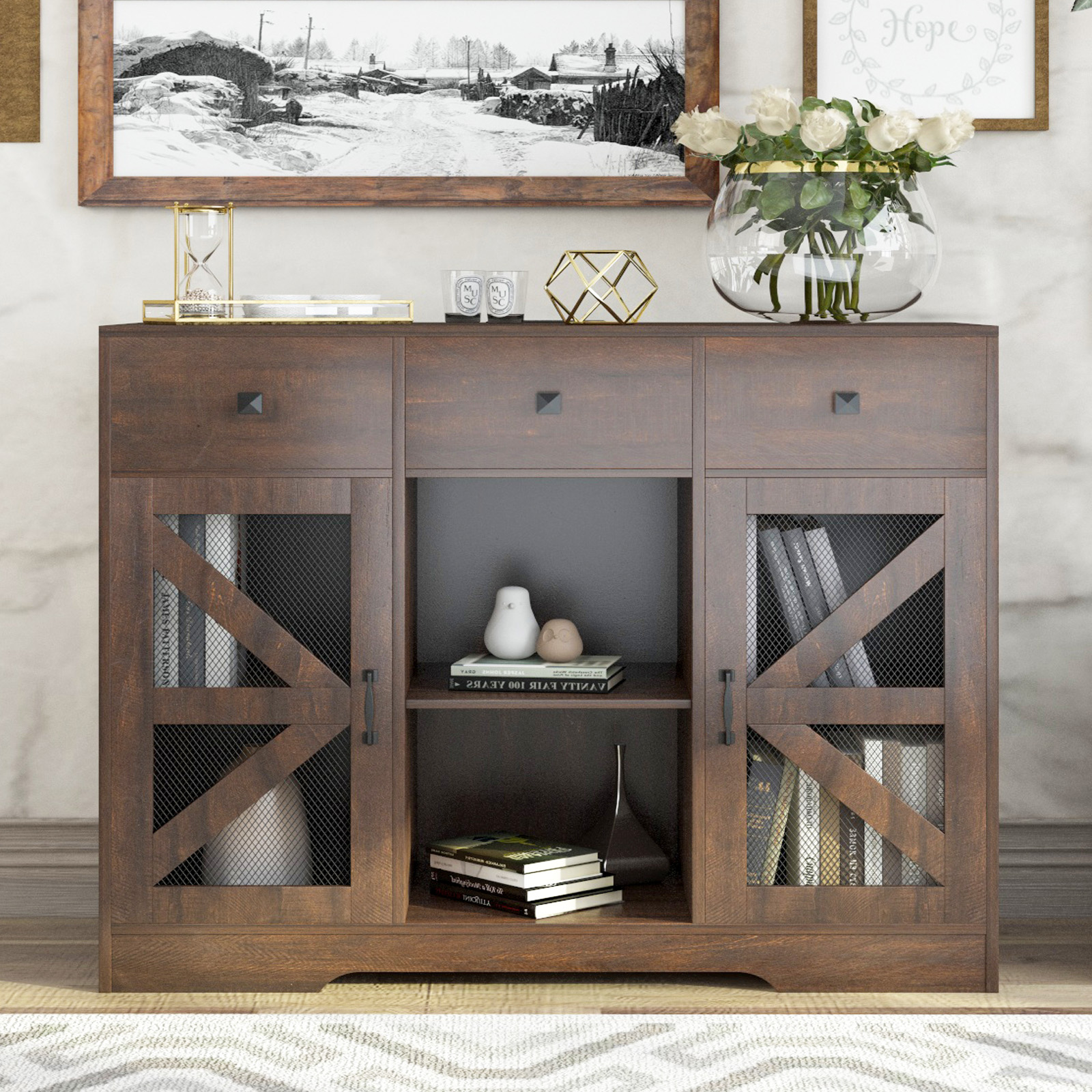 Modern Farmhouse 3 Drawer Coffee Bar Cabinet with Power Outlet, Wood Sideboard Buffet Bar Cabinet with 2-Door Cabinet and Adjustble Shelves, White 42-inch