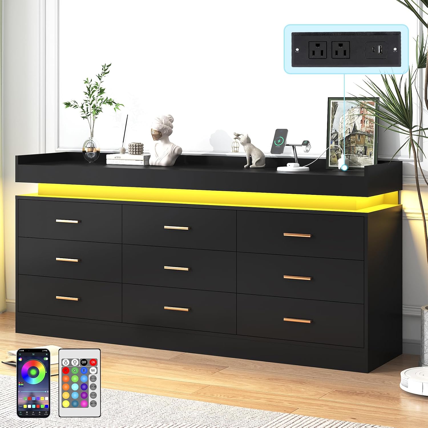 Black Dresser for Bedroom, 63 Inch Long 9 Drawers Dresser with Charging Station and LED light, Modern Large Wood Chest of Drawers, Dresser for Bedroom, Living Room, Entryway, Hallway