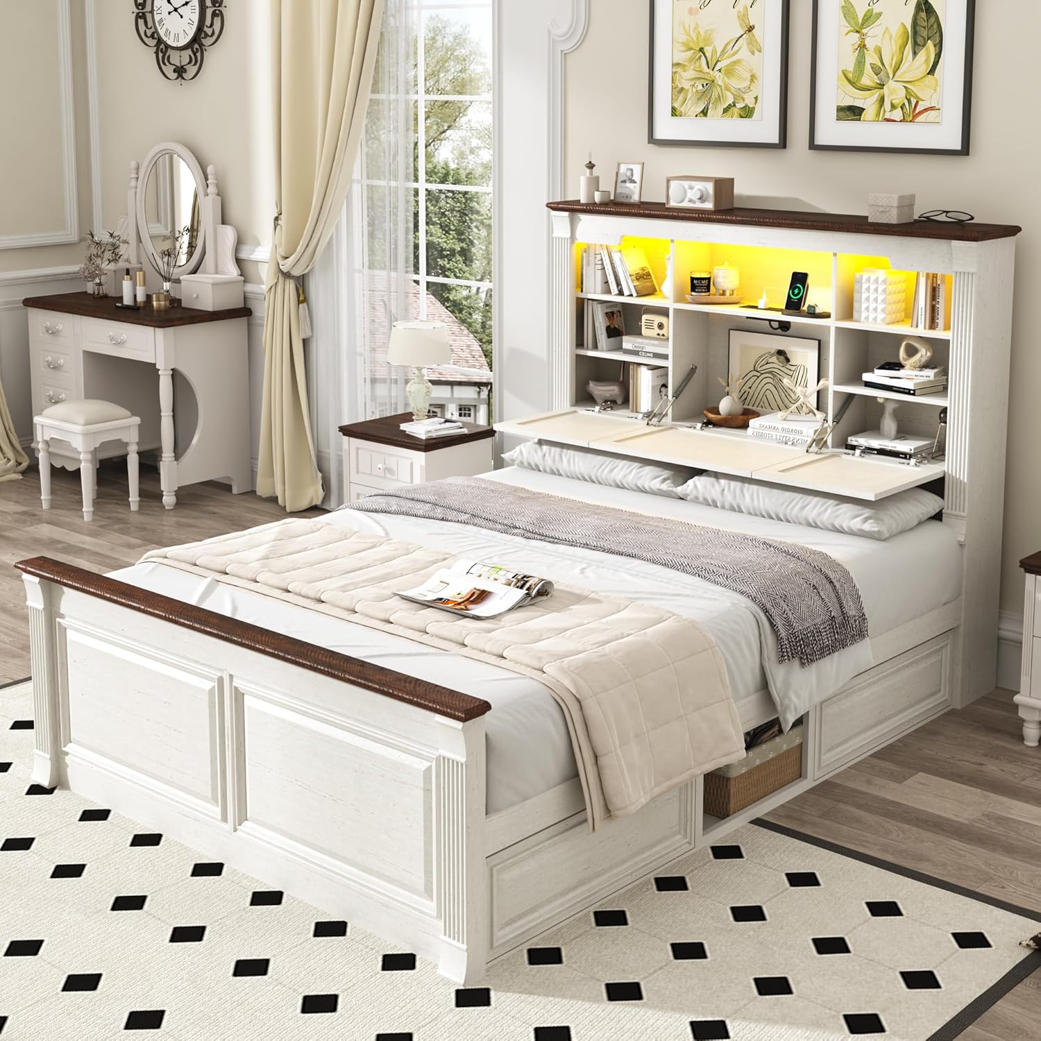 Blotout Farmhouse King Size Bed Frame with 55" Tall Storage Bookcase Headboard & 4 Drawers, Wood Platform Bed Frame with 24" Roman Colum Footboard, LED Light, Charging Station, No Box Spring Needed