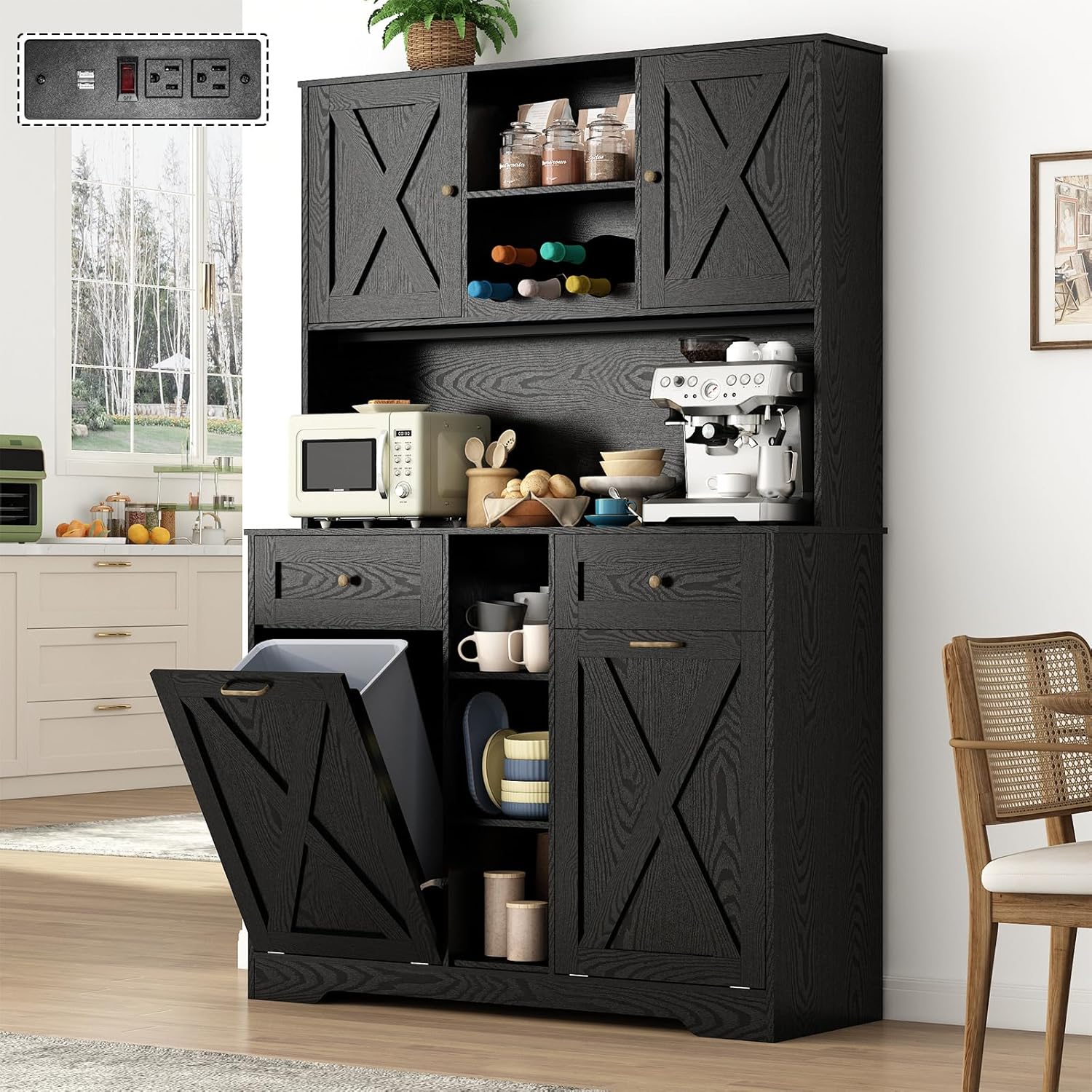 Blotout 47" Wide Kitchen Pantry Storage Cabinet with Charging Station & Microwave Stand, Tall Farmhouse Kitchen Hutch Cabinet, Double Tilt Out Trash Can Cabinet 10X2 Gallon