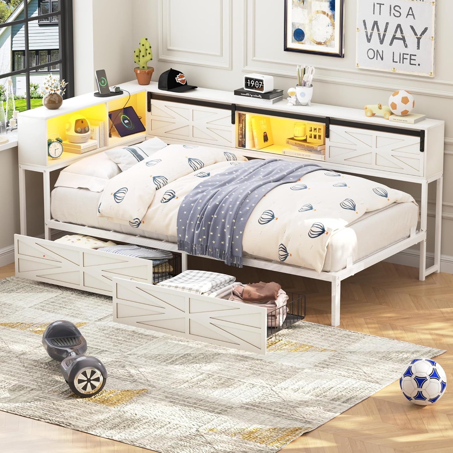 Blotout Twin Corner Bed Frame with Bookcase Headboard and Storage Drawers, Twin Metal Platform Bed Frame with Charging Station and LED Lights, Twin Size Daybed for Living Room, Bedroom and Guest Room