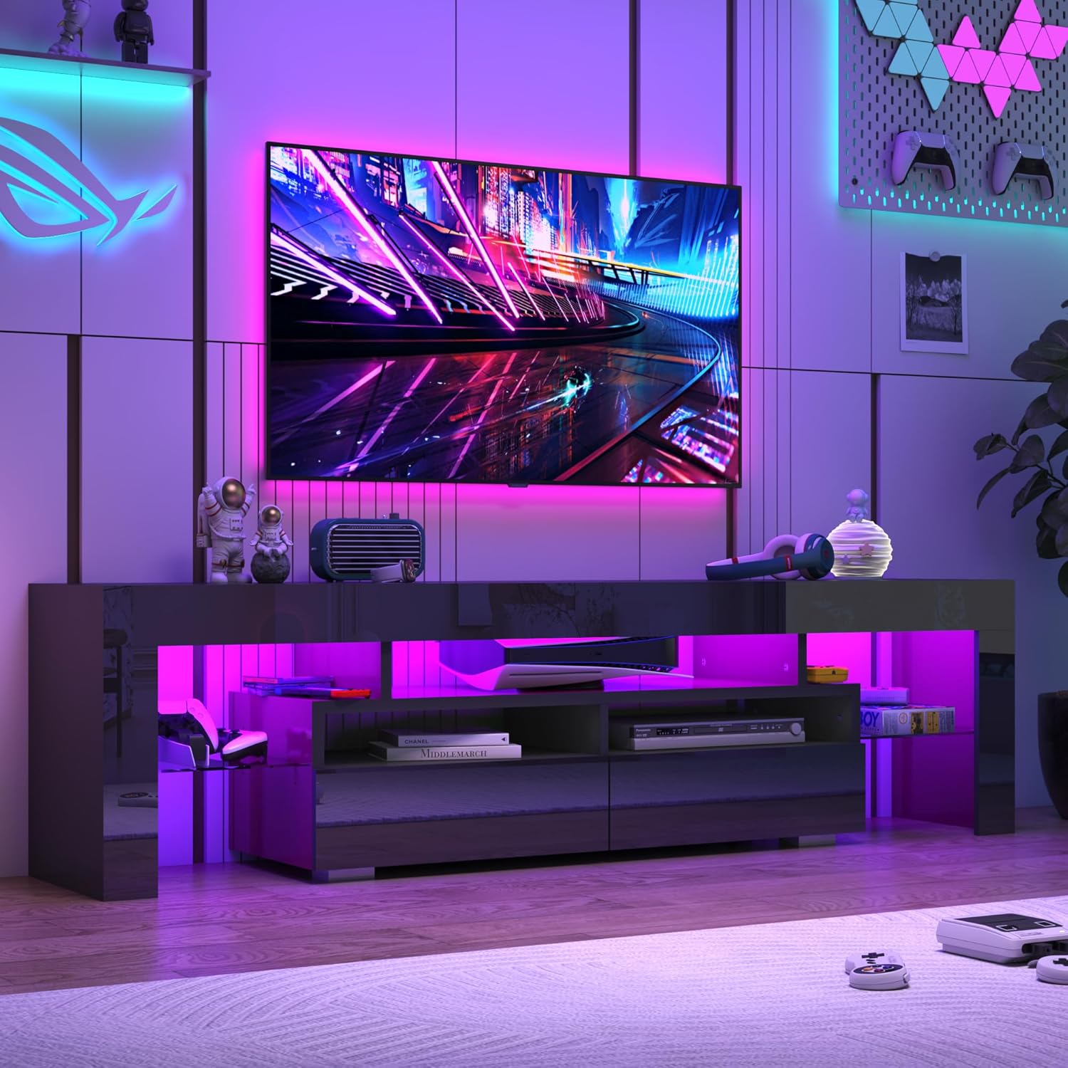 Blotout 71in LED TV Stand for 75/80 inch TV, High Gloss TV Entertainment Center with 2 Large Storage Drawer, APP RGB Light, Modern TV Stands for Living Room