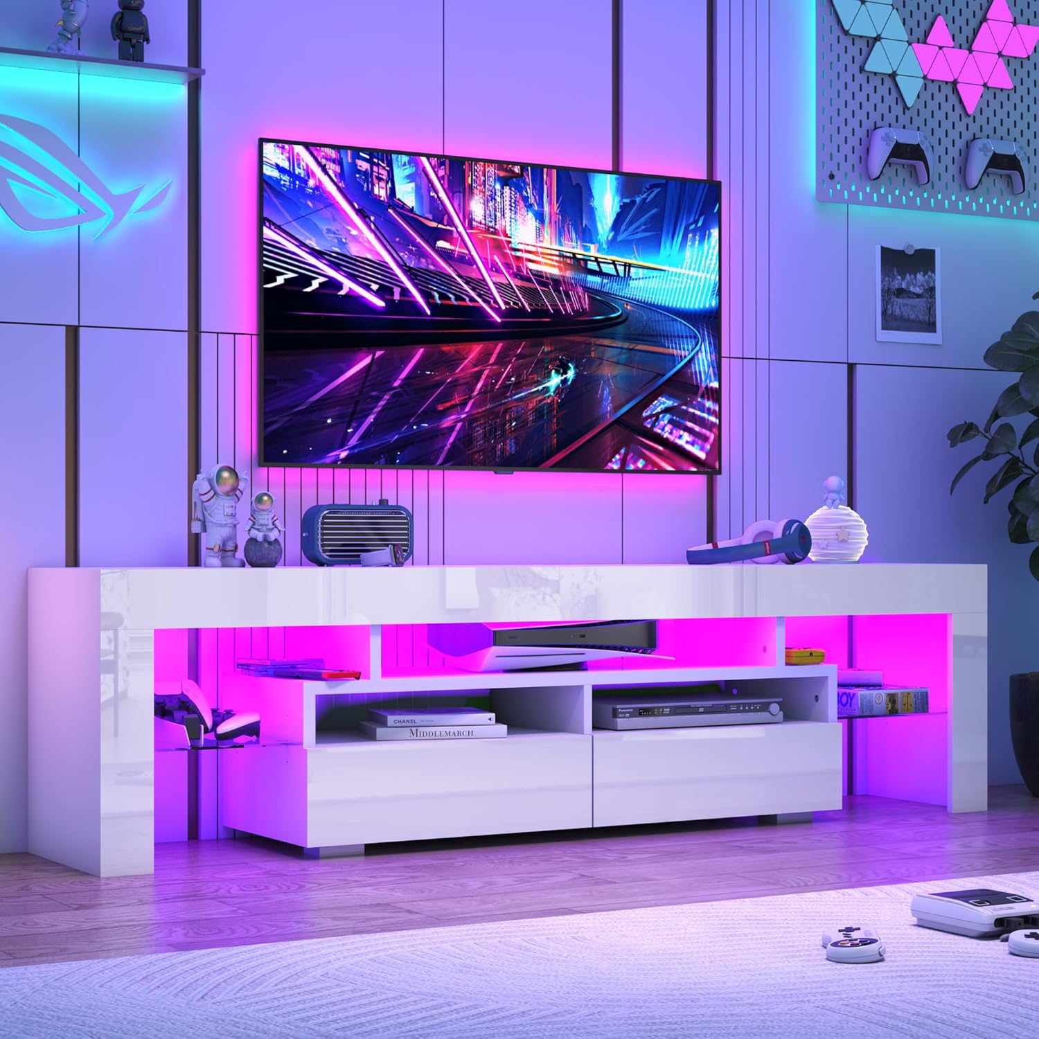 Blotout 71in LED TV Stand for 75/80 inch TV, High Gloss TV Entertainment Center with 2 Large Storage Drawer, APP RGB Light, Modern TV Stands for Living Room