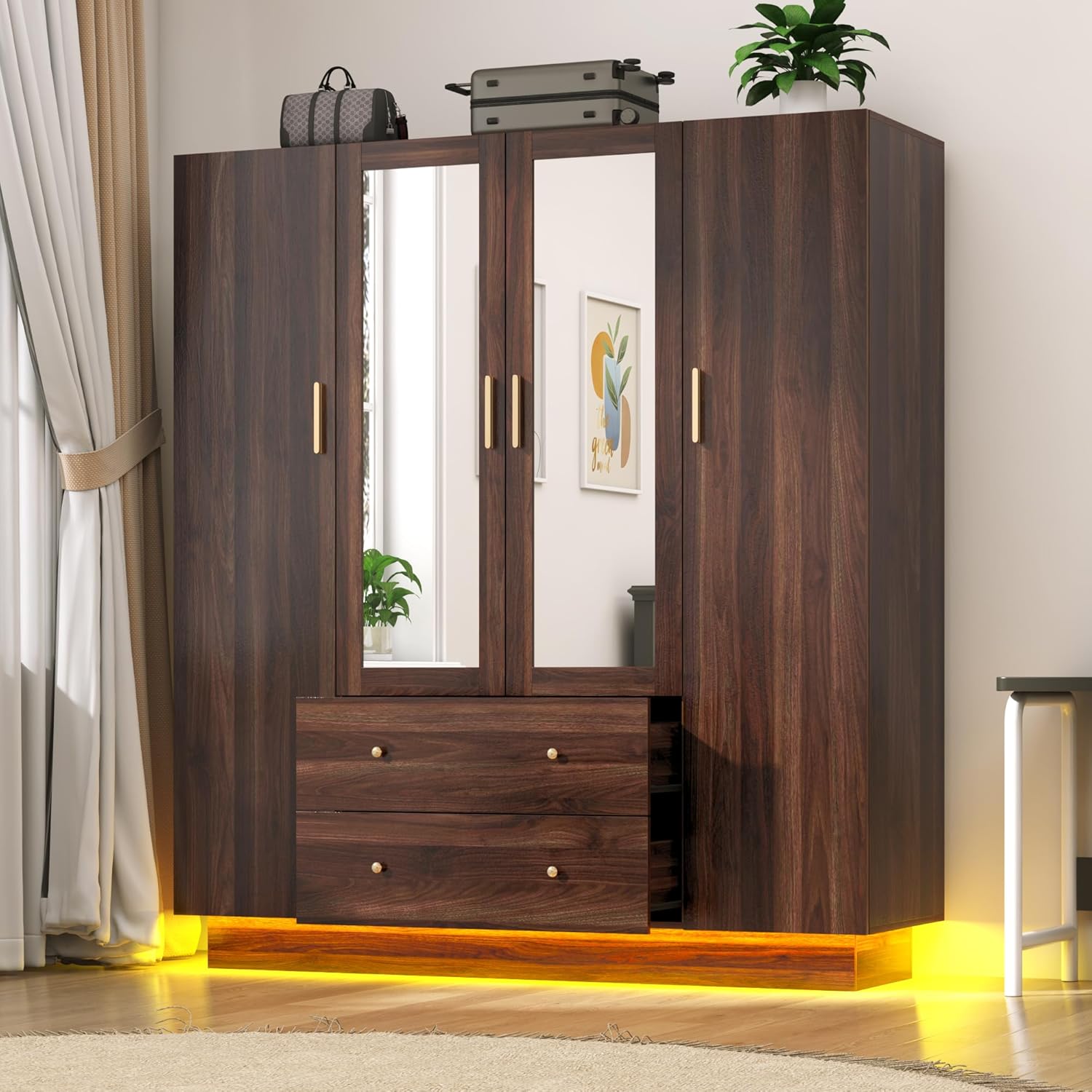 Blotout 70" Armoire Wardrobe Closet with Mirror, LED Wardrobe Armoire with 2 Drawers, 4 Door Wood Armoire Storage with Hanging Rods and Multi-Layer Shelves