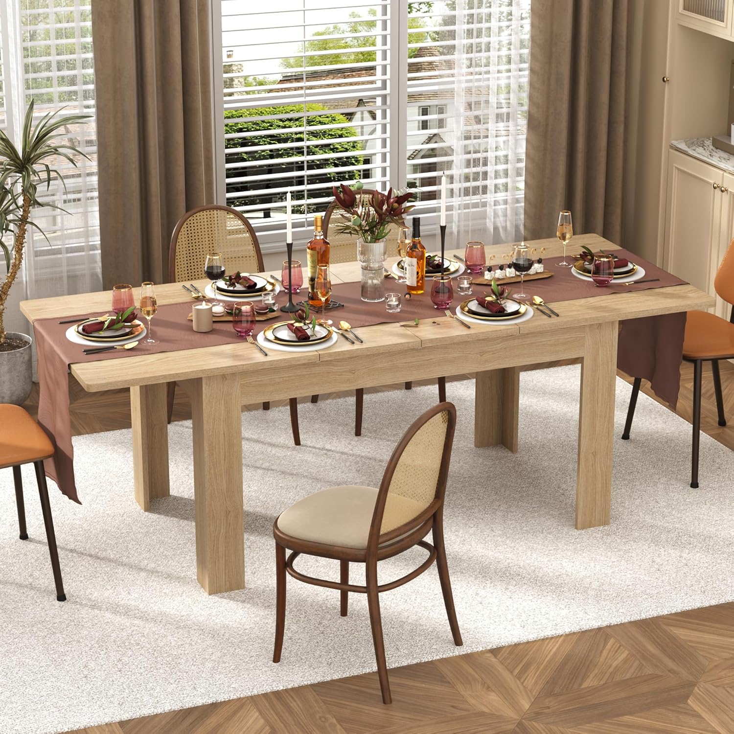 Blotout Extendable Dining Table for 6-10 Person, Large Wood Kitchen Table, Rectangular Extendable Table for Gatherings, Meeting for Small Kitchens, Dining Office Areas