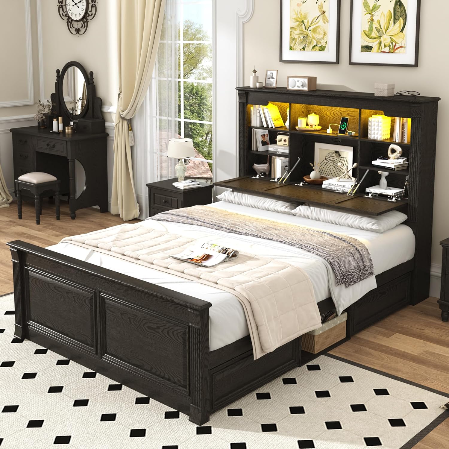 Blotout Farmhouse King Size Bed Frame with 55" Tall Storage Bookcase Headboard & 4 Drawers, Wood Platform Bed Frame with 24" Roman Colum Footboard, LED Light, Charging Station, No Box Spring Needed