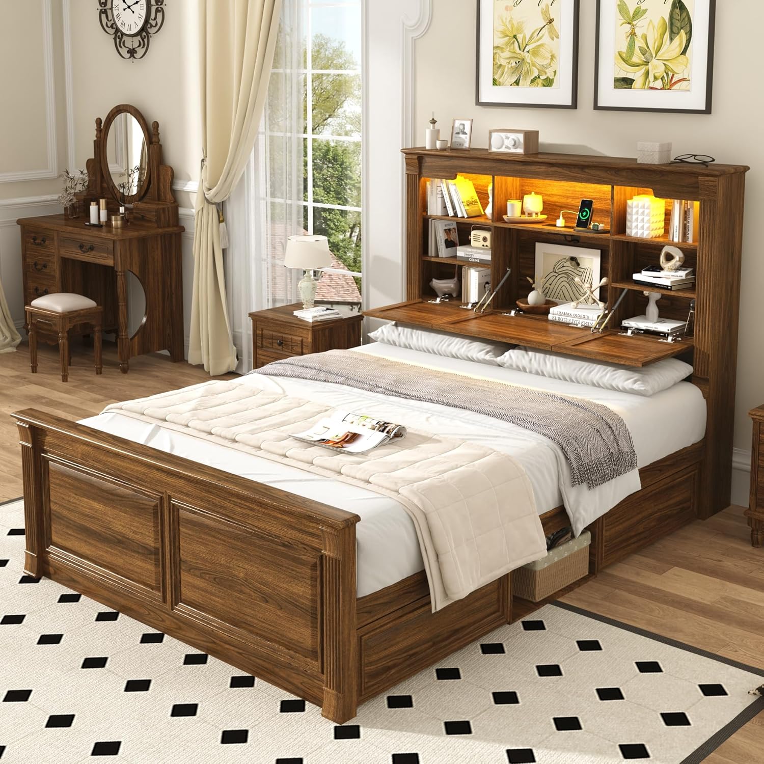 Blotout Farmhouse King Size Bed Frame with 55" Tall Storage Bookcase Headboard & 4 Drawers, Wood Platform Bed Frame with 24" Roman Colum Footboard, LED Light, Charging Station, No Box Spring Needed