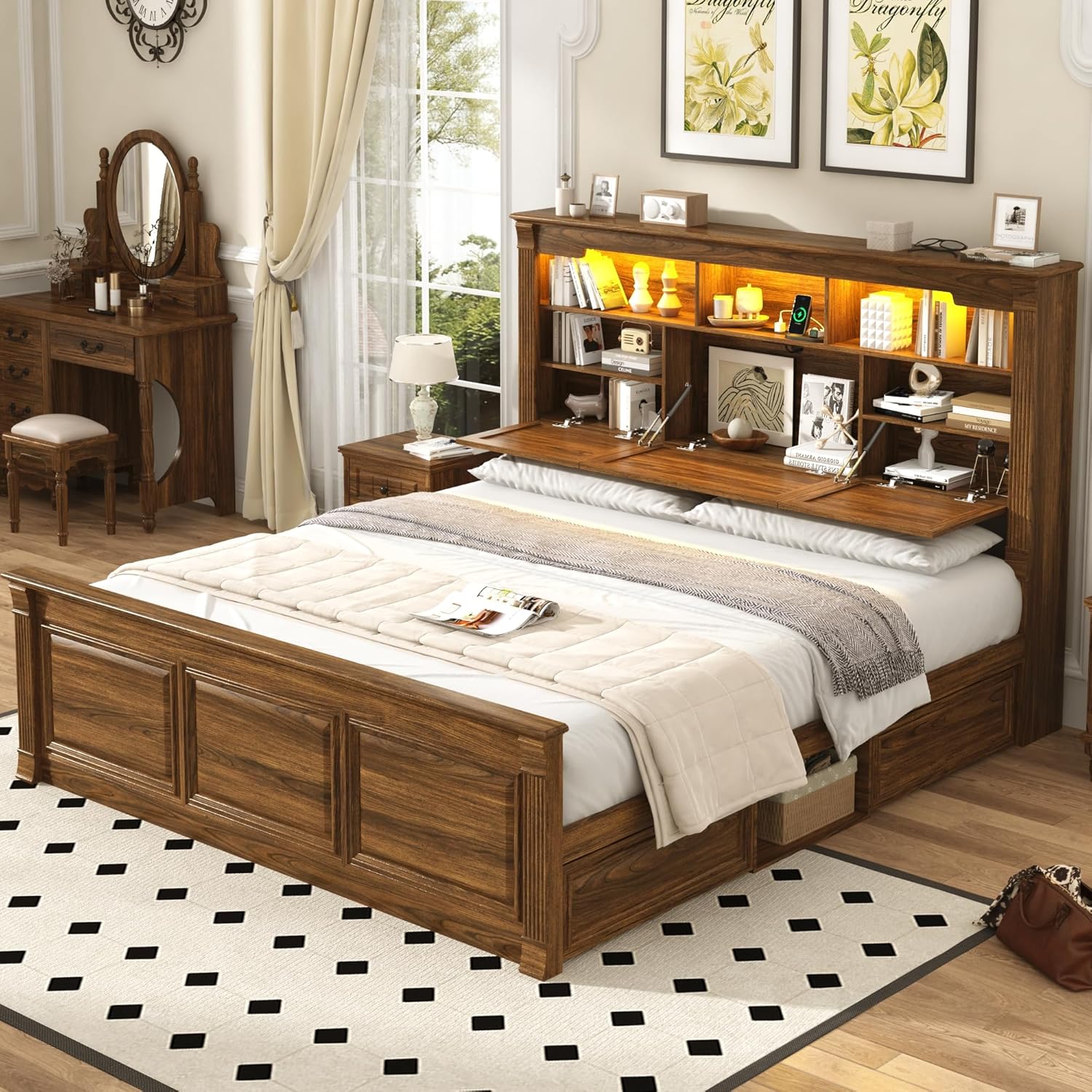 Blotout Farmhouse King Size Bed Frame with 55" Tall Storage Bookcase Headboard & 4 Drawers, Wood Platform Bed Frame with 24" Roman Colum Footboard, LED Light, Charging Station, No Box Spring Needed