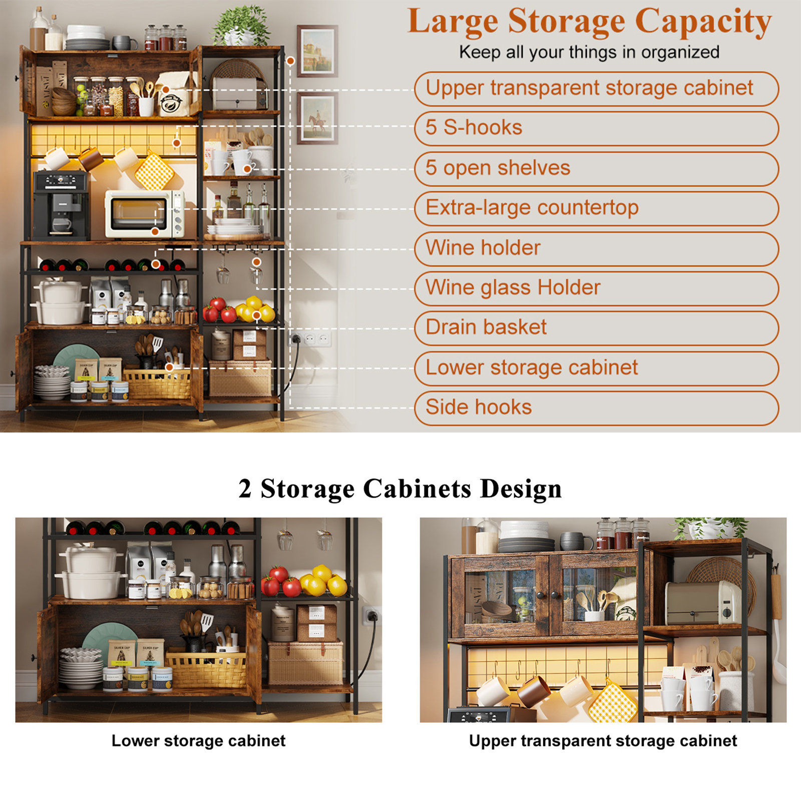 47.2" W Large Kitchen Baker's Rack with Power Outlet&LED Light,67" Tall Farmhouse Coffee Bar Bakers Rack,Kitchen Microwave Stand w/ Wine Rack,Glass Cabinet,Iron Mesh&Hooks