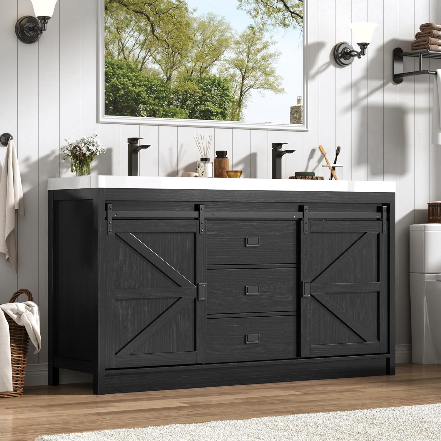 Blotout Double Bathroom Vanity with Sink & Faucet & Sewer Pipes, 59" Farmhouse Bathroom Vanity Cabinet Set with Sliding Barn Door & 3 Drawers, Freestanding Bath Storage Vanity Sink