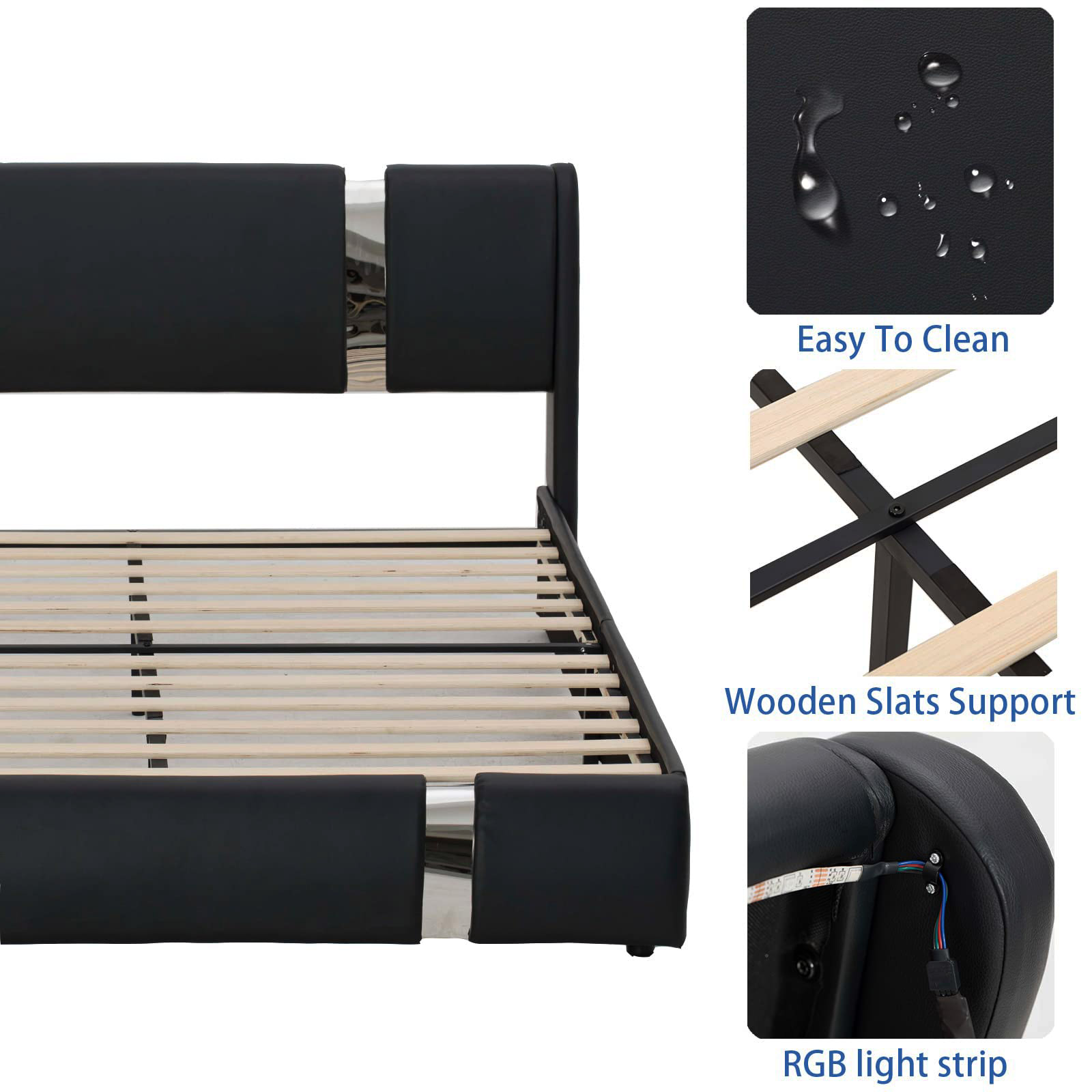 Faux Leather Bed Frame with LED Light Headboard, Modern Platform Bed Frame Deluxe Upholstered Bed with Curved Backrest